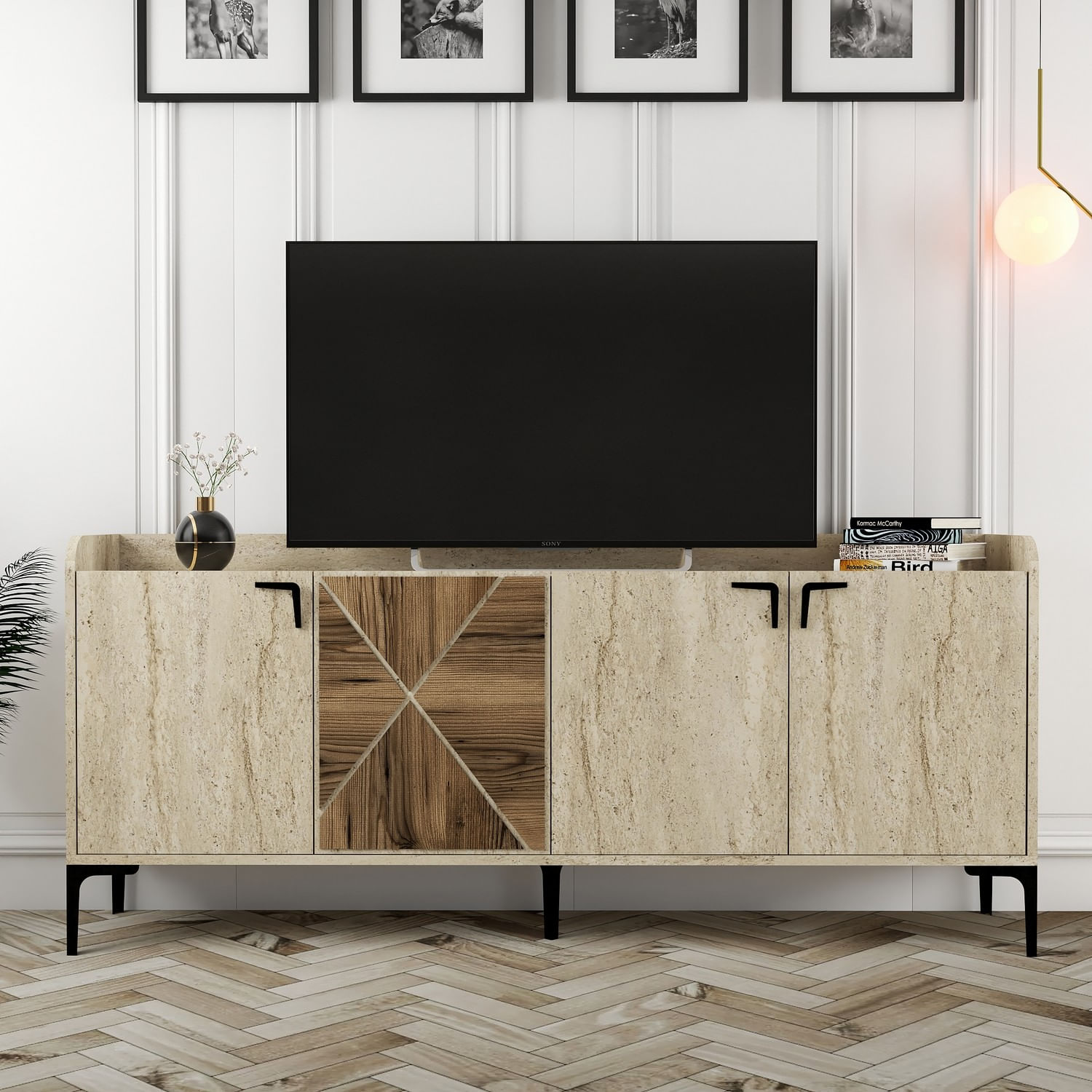 Consola, Hanah Home, panou de particule melaminat, nuc si travertin, 180x35x78 cm, 845HCT5612 — imaginea 4