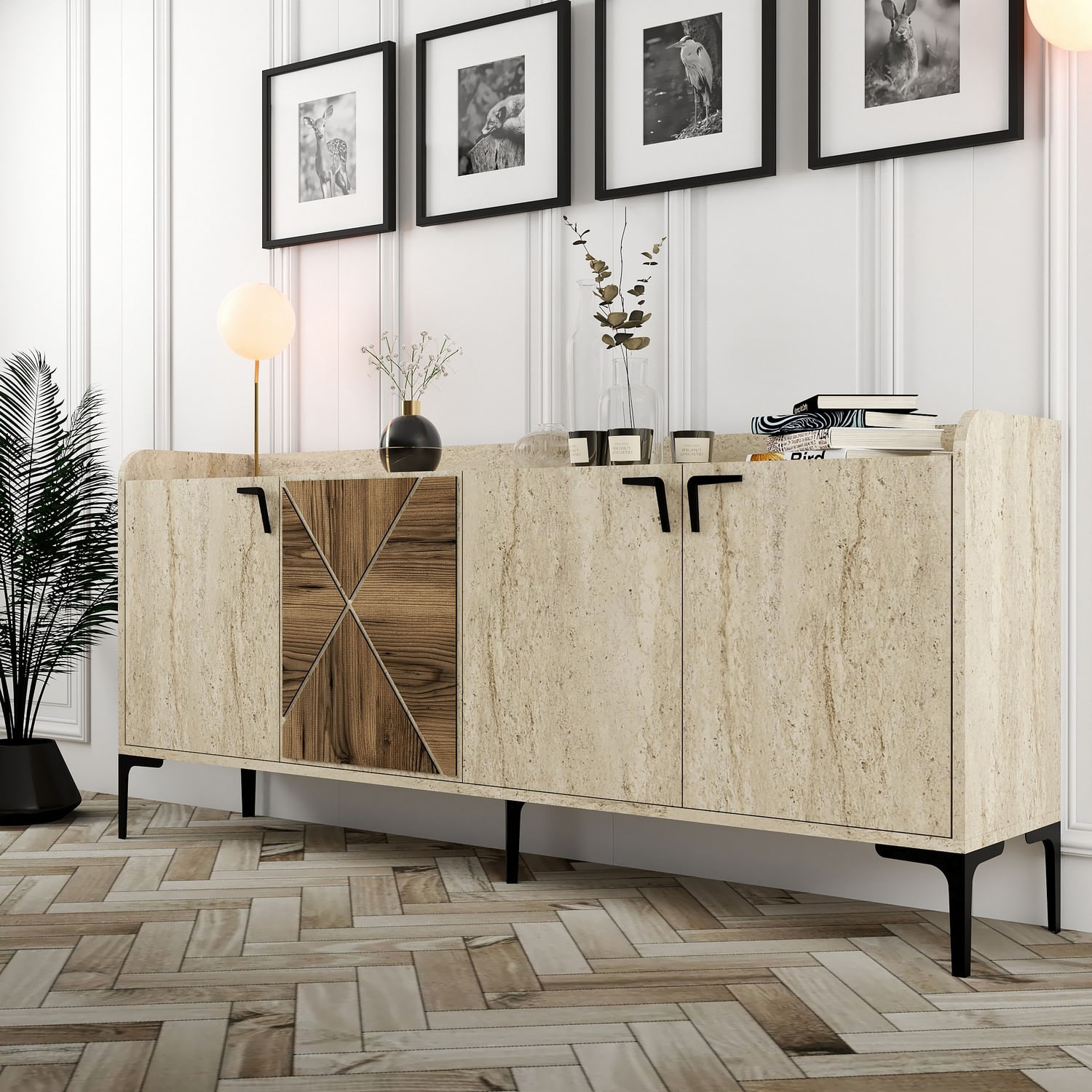 Consola, Hanah Home, panou de particule melaminat, nuc si travertin, 180x35x78 cm, 845HCT5612 — imaginea 6