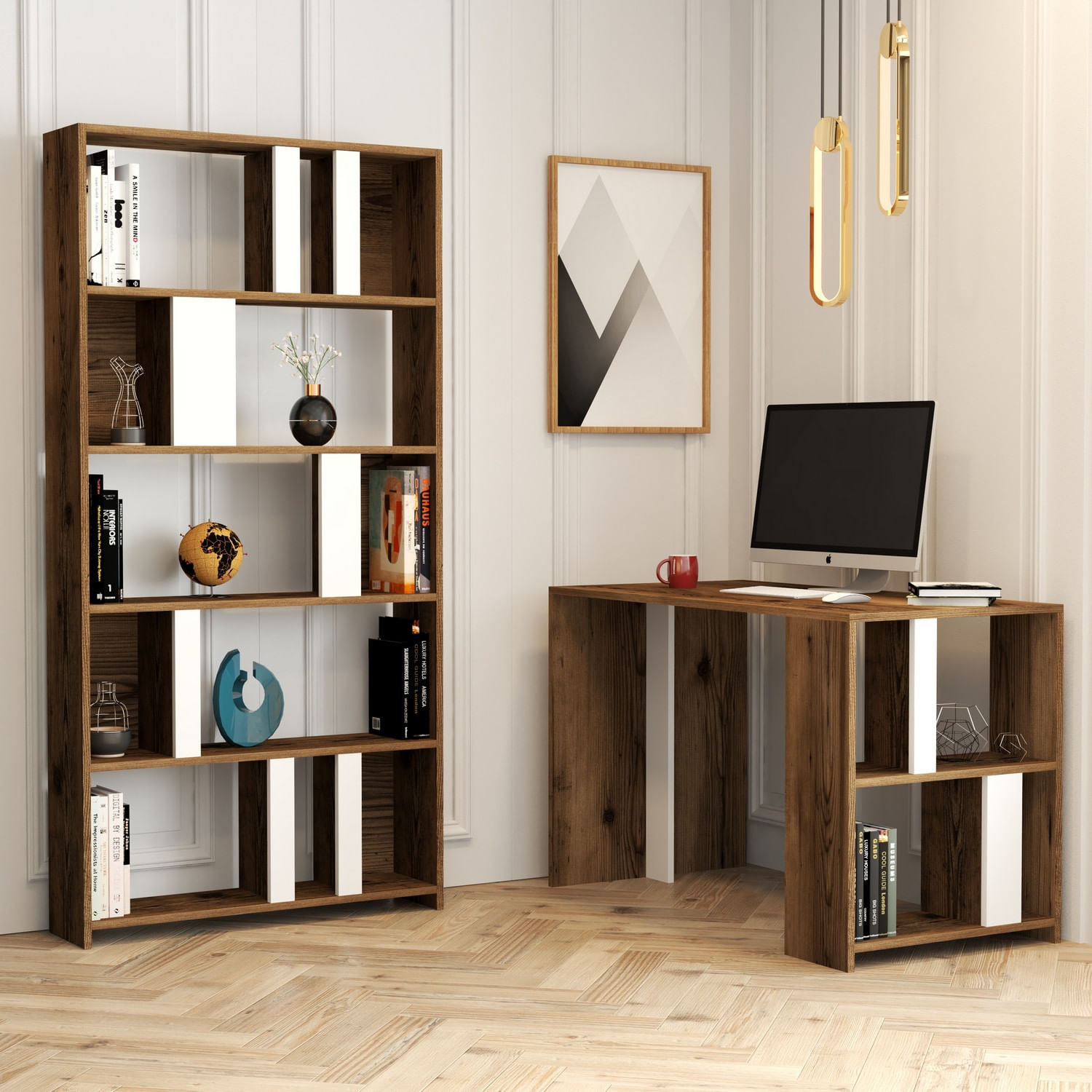 Birou cu rafturi, Hanah Home, pal melaminat, nuc si alb, 120x60x75.4 cm — imaginea 2
