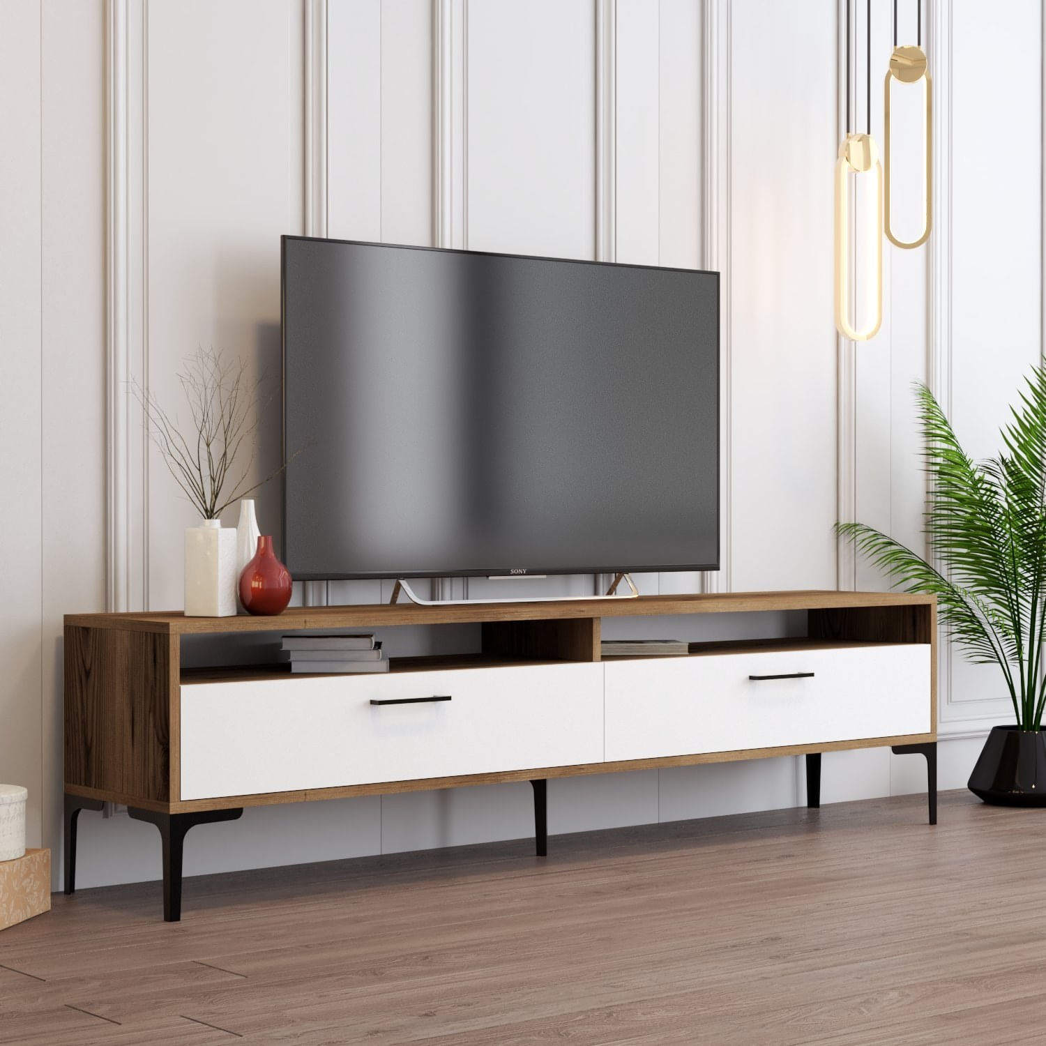 Comoda tv, Hanah Home, pal melaminat, nuc si alb, 180x47x35 cm, 845HCT5516 — imaginea 2