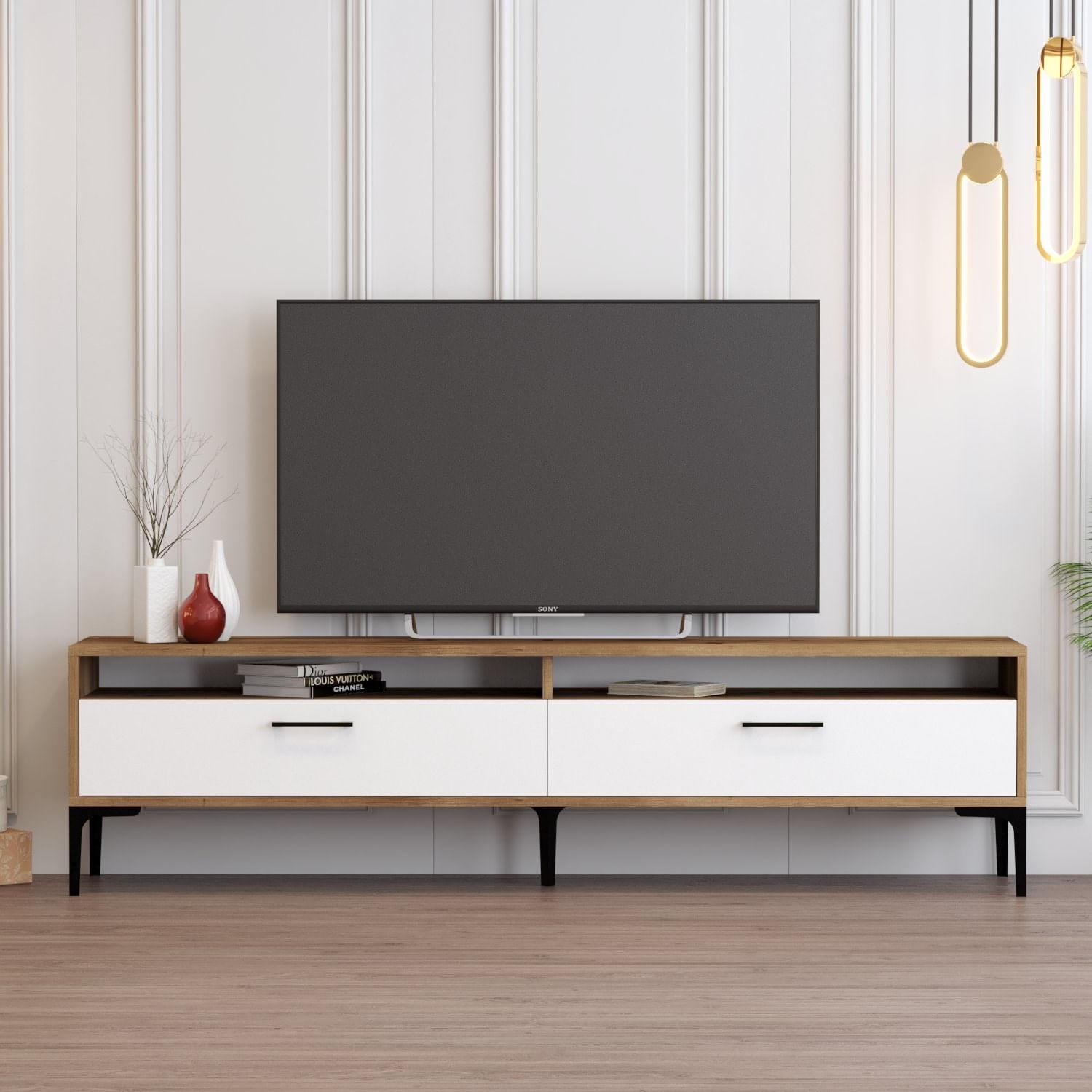 Comoda tv, Hanah Home, pal melaminat, nuc si alb, 180x47x35 cm, 845HCT5516 — imaginea 3