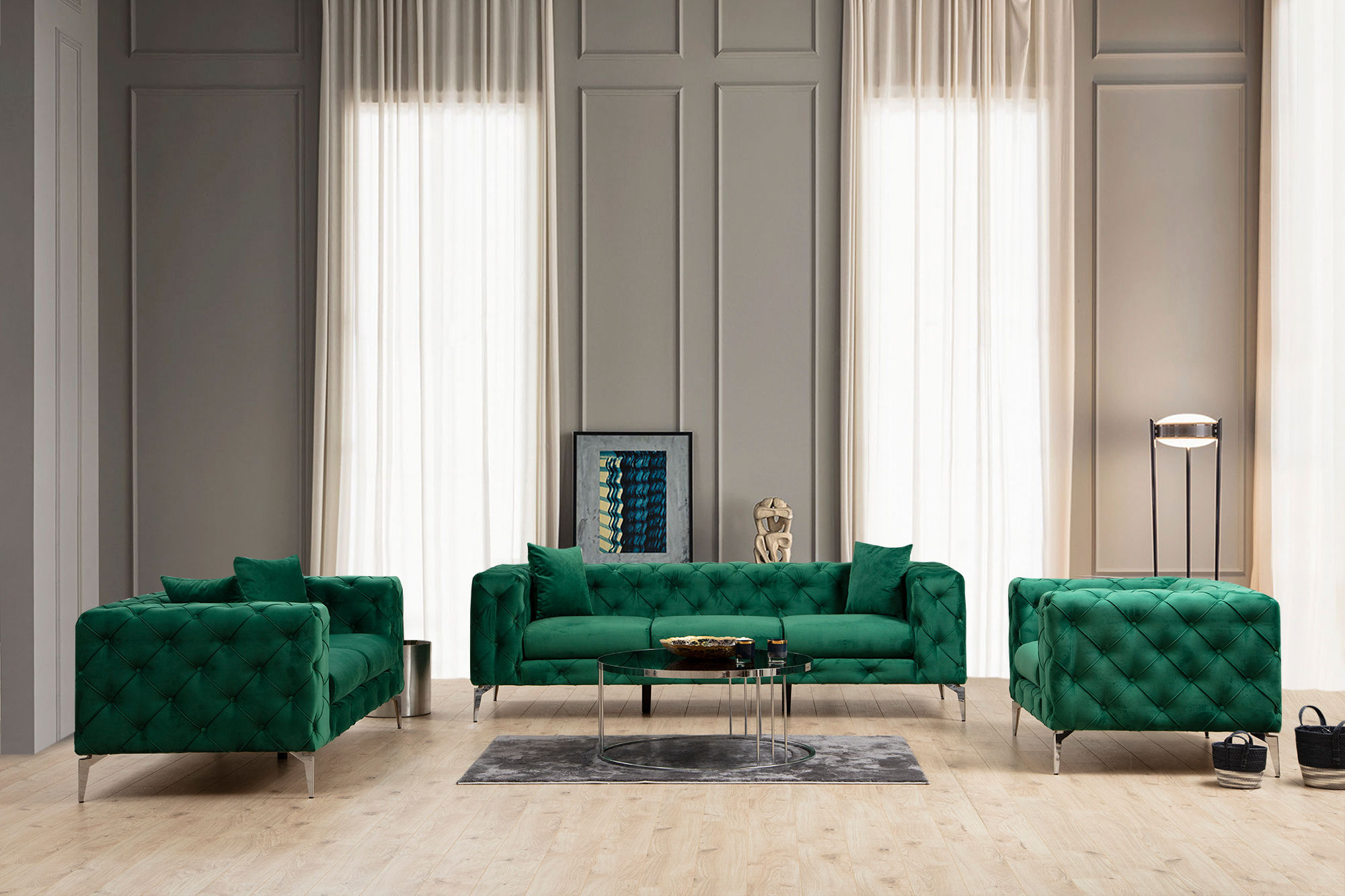 Canapea 3 locuri, Hanah Home, lemn fag si pal, verde, 237x90x70 cm