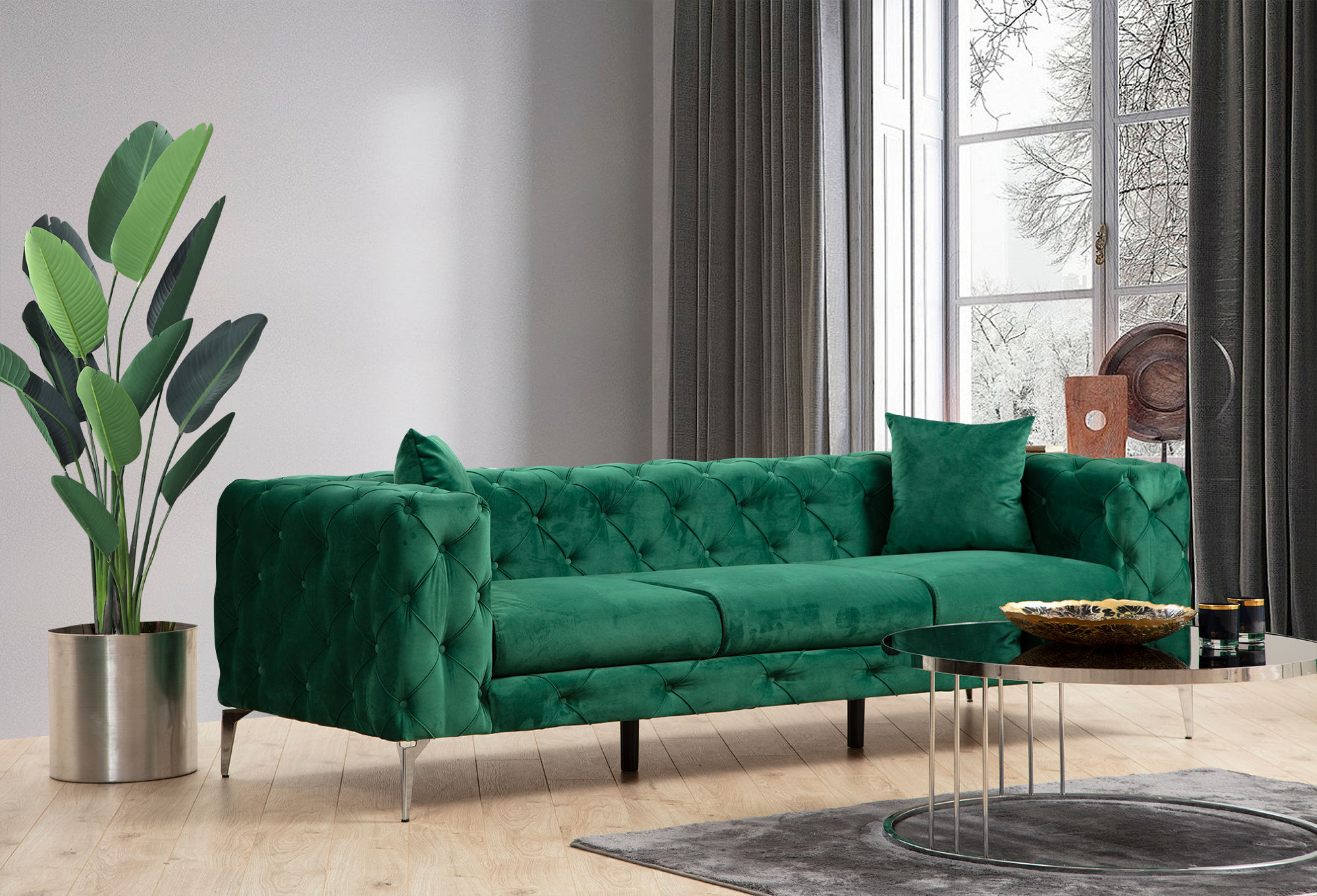 Canapea 3 locuri, Hanah Home, lemn fag si pal, verde, 237x90x70 cm — imaginea 7