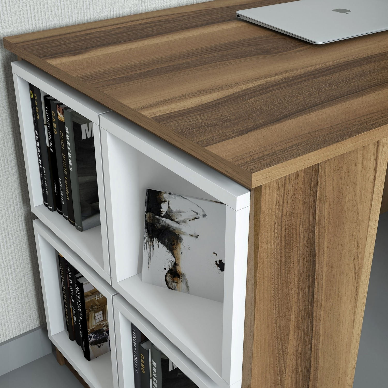 Birou de studiu, Hanah Home, pal melaminat, nuc si alb, 120x65x75 cm