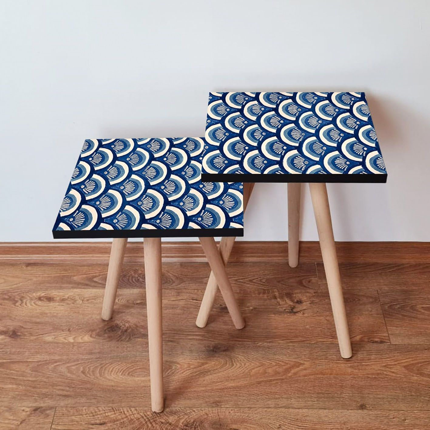 Set masute de cafea, Hanah Home, mdf, albastru marin si alb, 35x35x47 cm, 481LNA2377