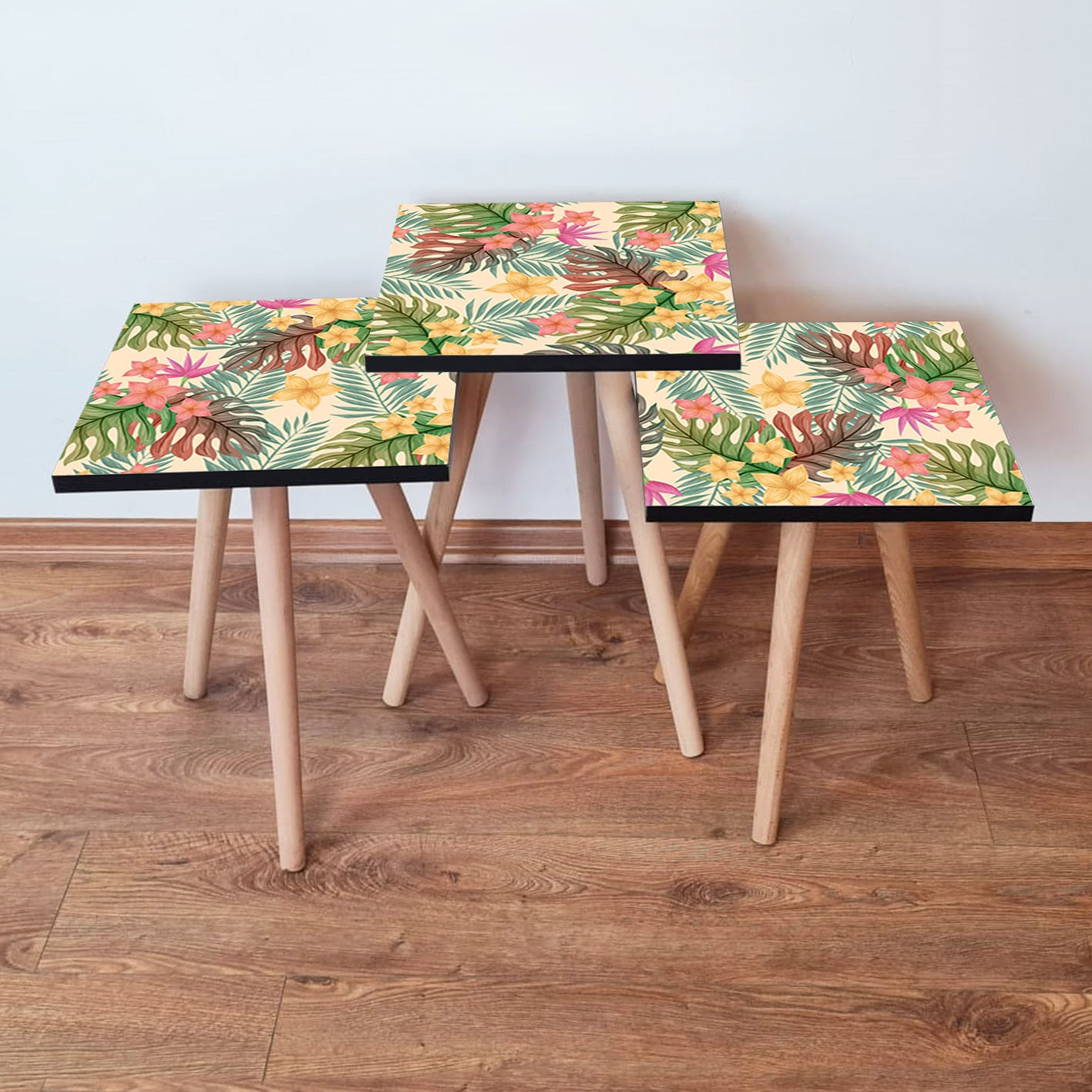 Set masute cuib, Hanah Home, mdf, multicolor, picioare lemn fag, 35x35x52 cm, 481LNA2820