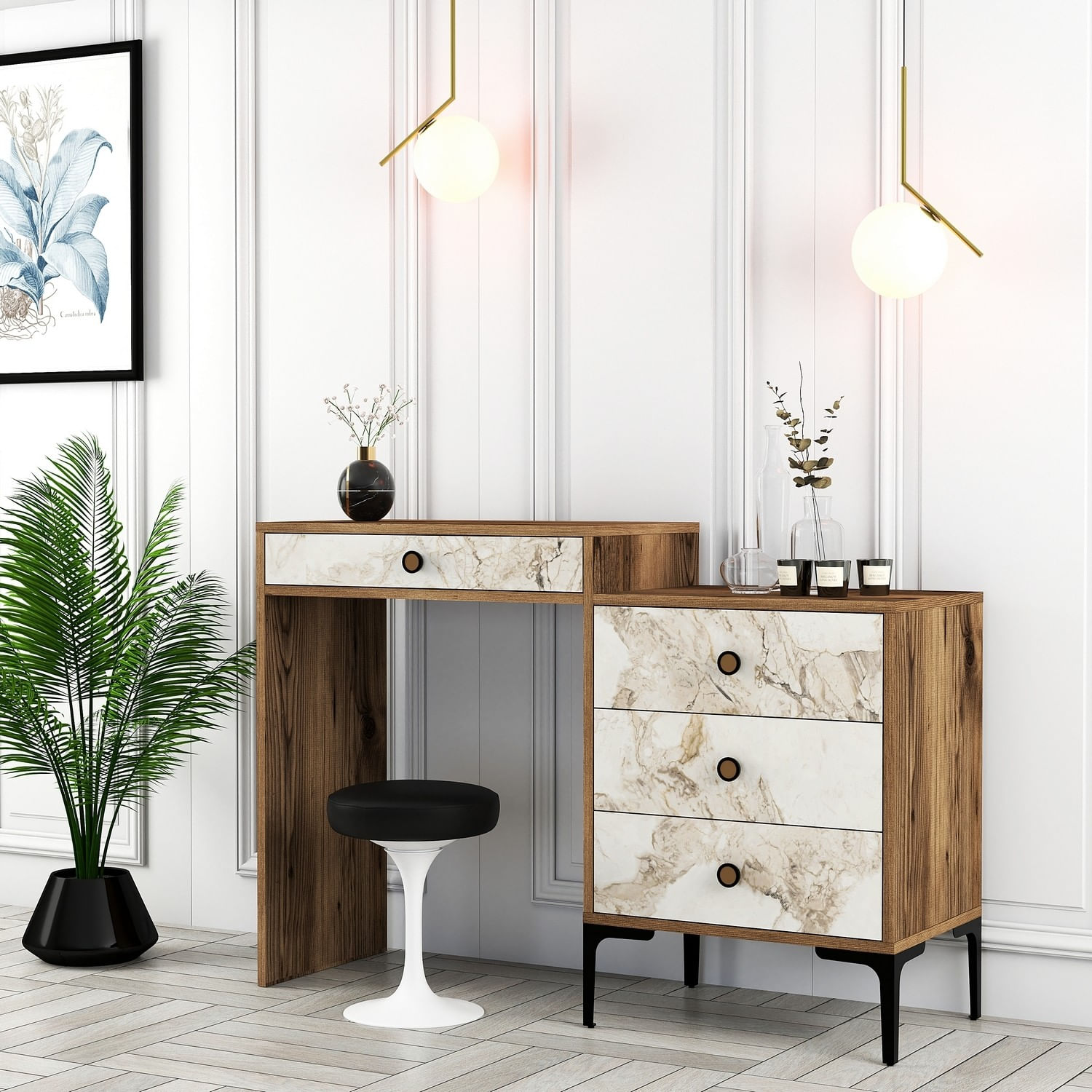 Masa de machiaj, Hanah Home, pal melaminat, nuc si alb, 124x40x84.7 cm, 845HCT2303 — imaginea 2