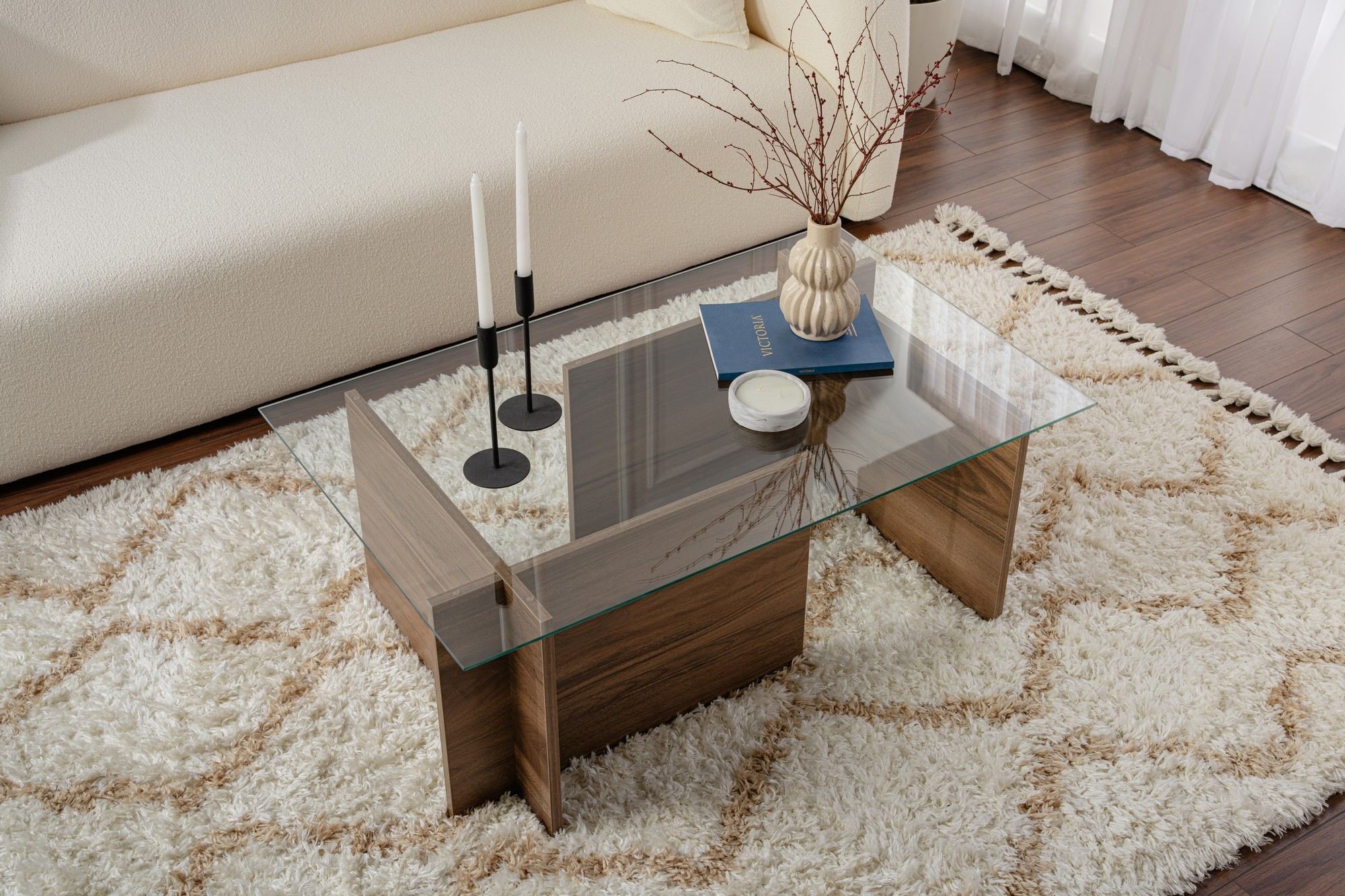 Masuta de cafea, Hanah Home, sticla calita si pal melaminat, nuc, 105x65x40 cm, 353NRD1101 — imaginea 3