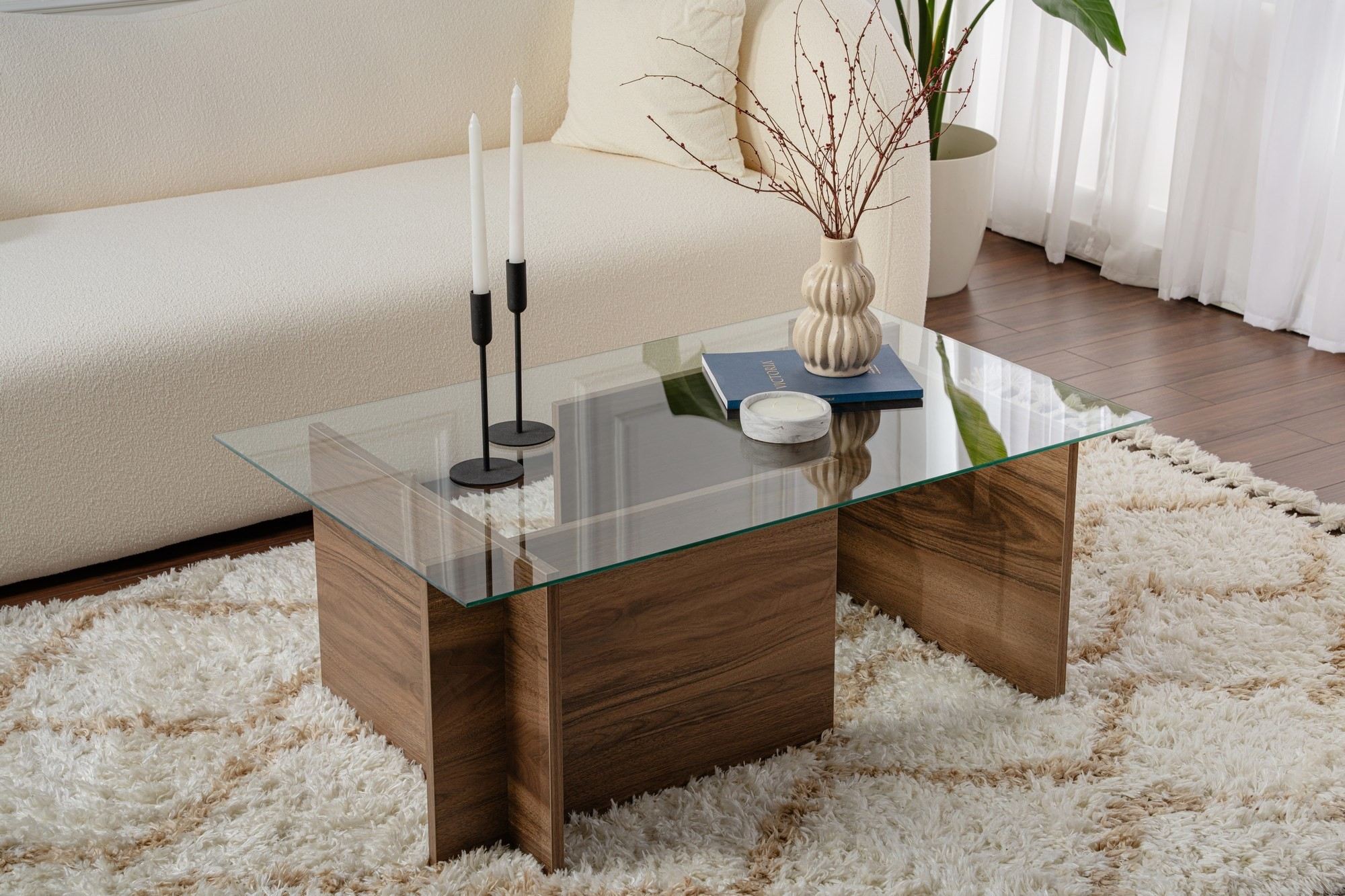 Masuta de cafea, Hanah Home, sticla calita si pal melaminat, nuc, 105x65x40 cm, 353NRD1101 — imaginea 8