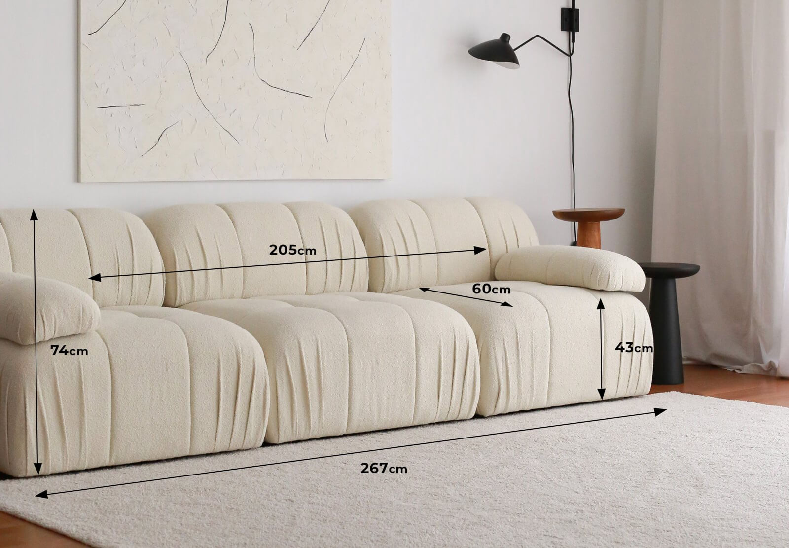 Canapea 3 locuri, Atelier Del Sofa, lemn de carpen, plus teddy, alb, 267x74x89 cm — imaginea 10