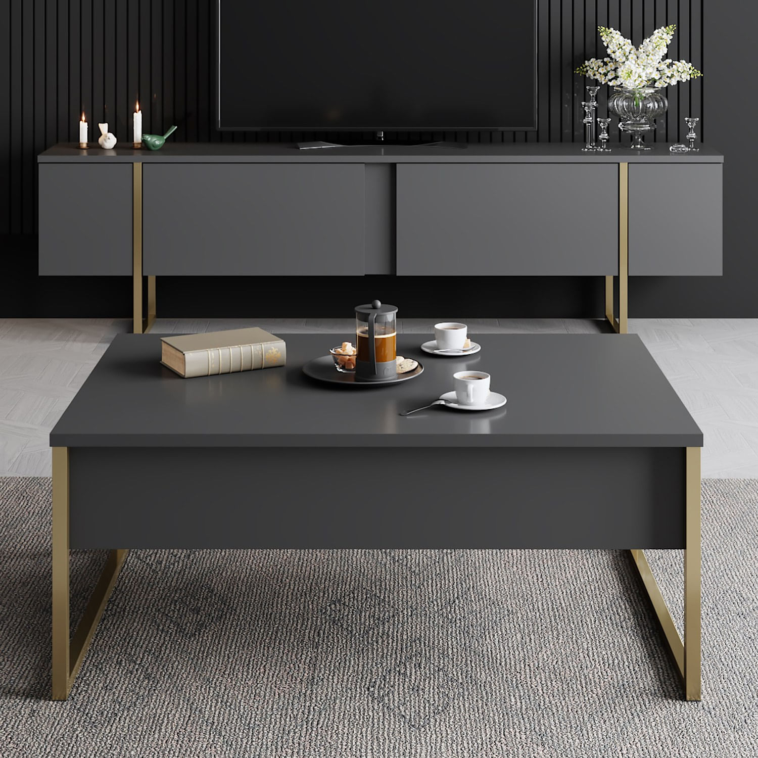 Masuta de cafea, Hanah Home, pal melaminat, antracit si auriu, 90x60x40 cm, 618BLY1121 — imaginea 3
