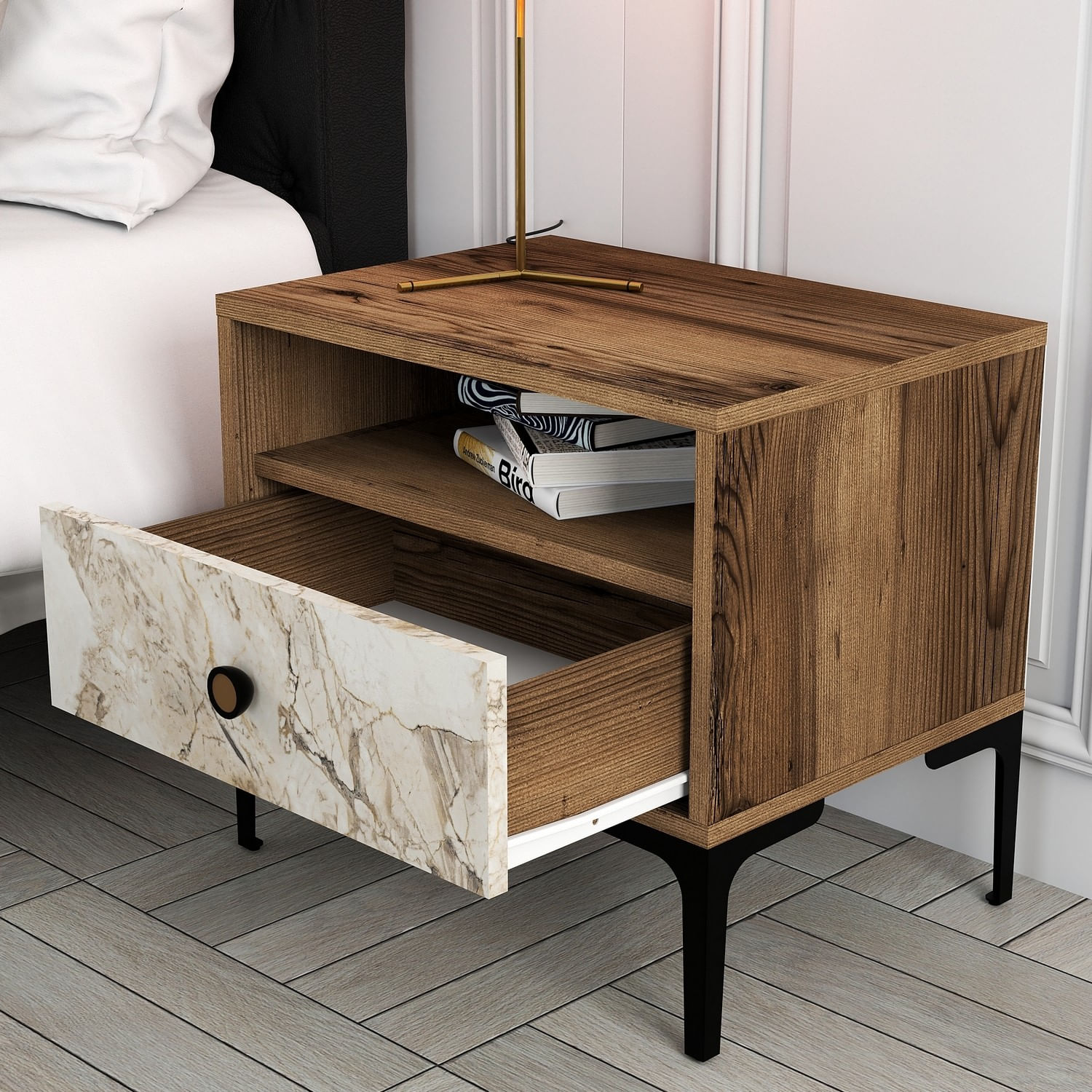 Noptiera, Hanah Home, pal melaminat, nuc si alb, 56x40x50.8 cm, 845HCT2503 — imaginea 3