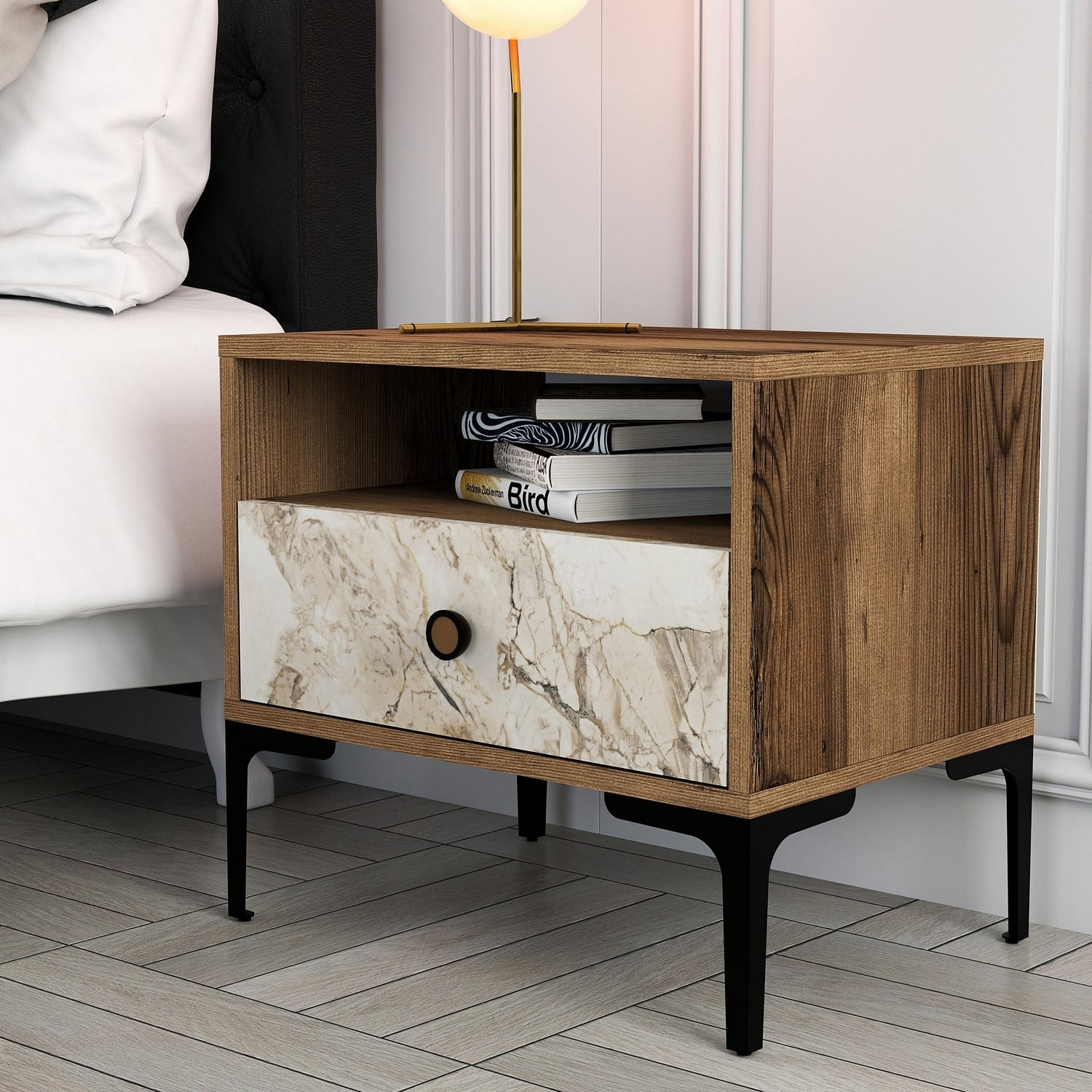 Noptiera, Hanah Home, pal melaminat, nuc si alb, 56x40x50.8 cm, 845HCT2503 — imaginea 4