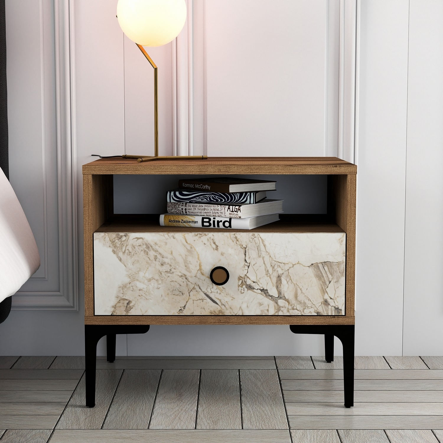 Noptiera, Hanah Home, pal melaminat, nuc si alb, 56x40x50.8 cm, 845HCT2503 — imaginea 5