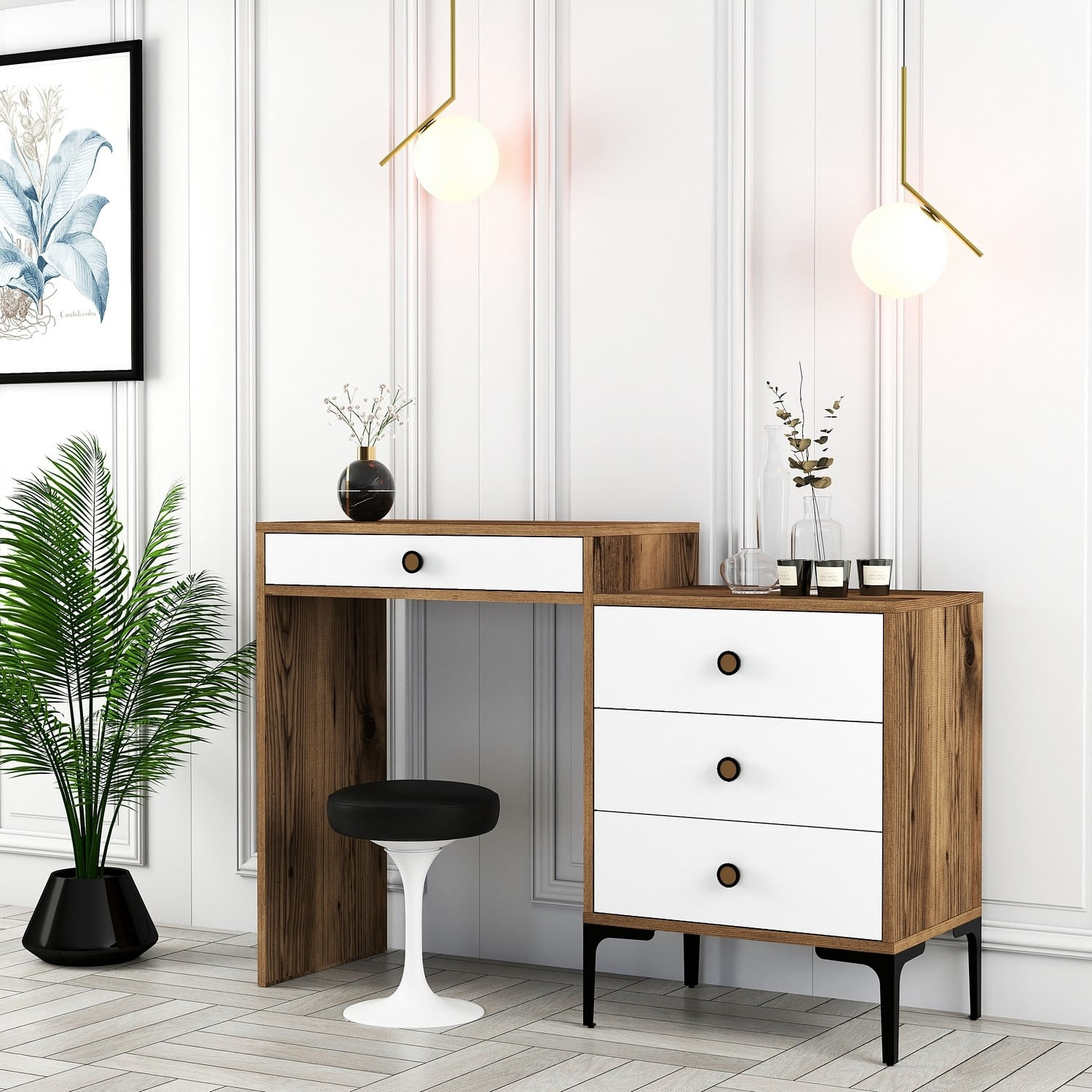 Masa de machiaj, Hanah Home, pal melaminat, nuc si alb, 124x40x84.7 cm, 845HCT2302 — imaginea 5
