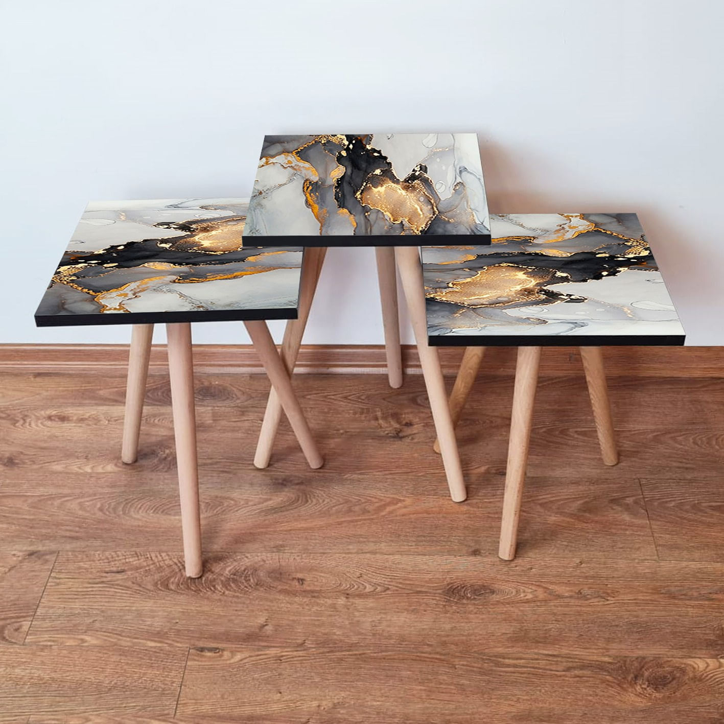 Set masute de cafea, Hanah Home, mdf, negru alb auriu, 35x35x52 cm, 481LNA3156