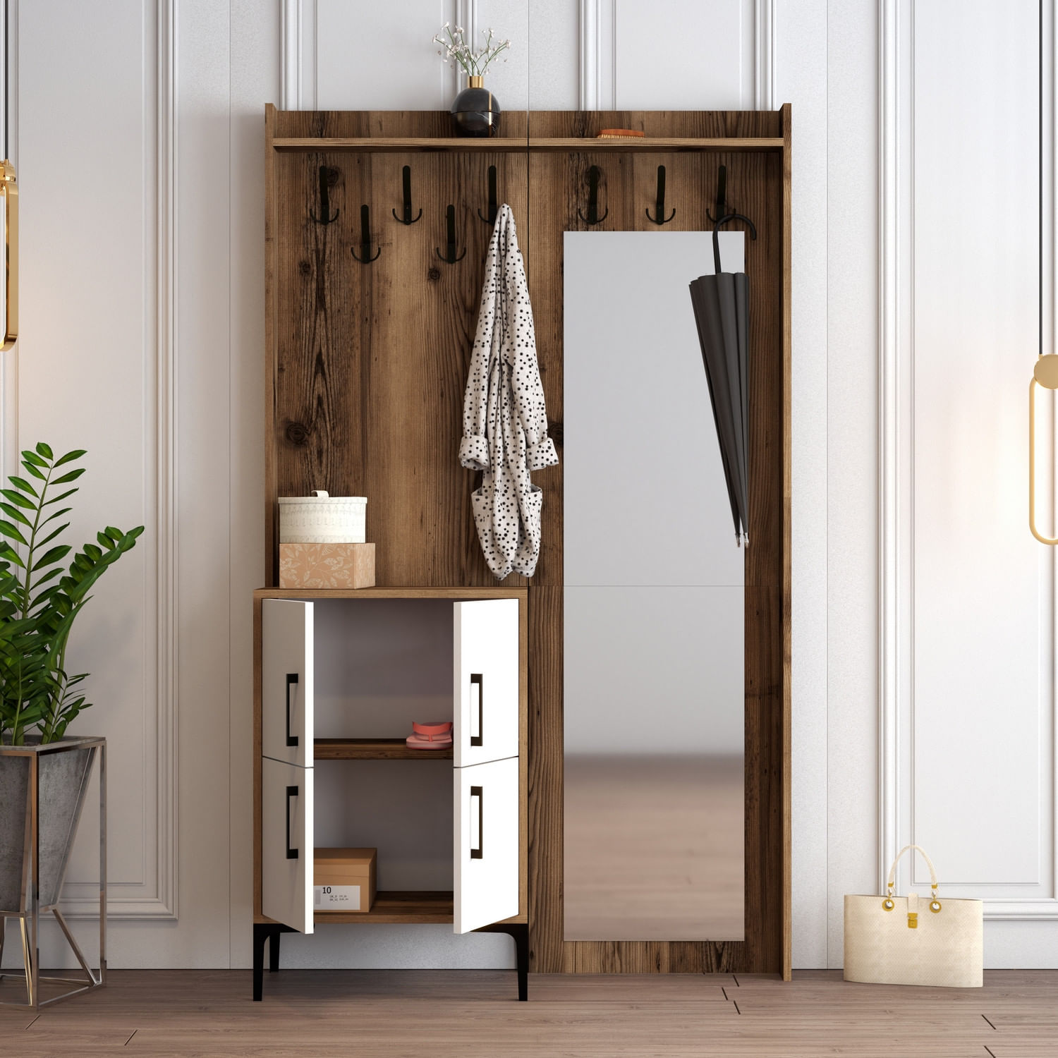 Cuier, Hanah Home, pal melaminat, nuc si alb, 120x35x200 cm, 845HCT4208 — imaginea 2