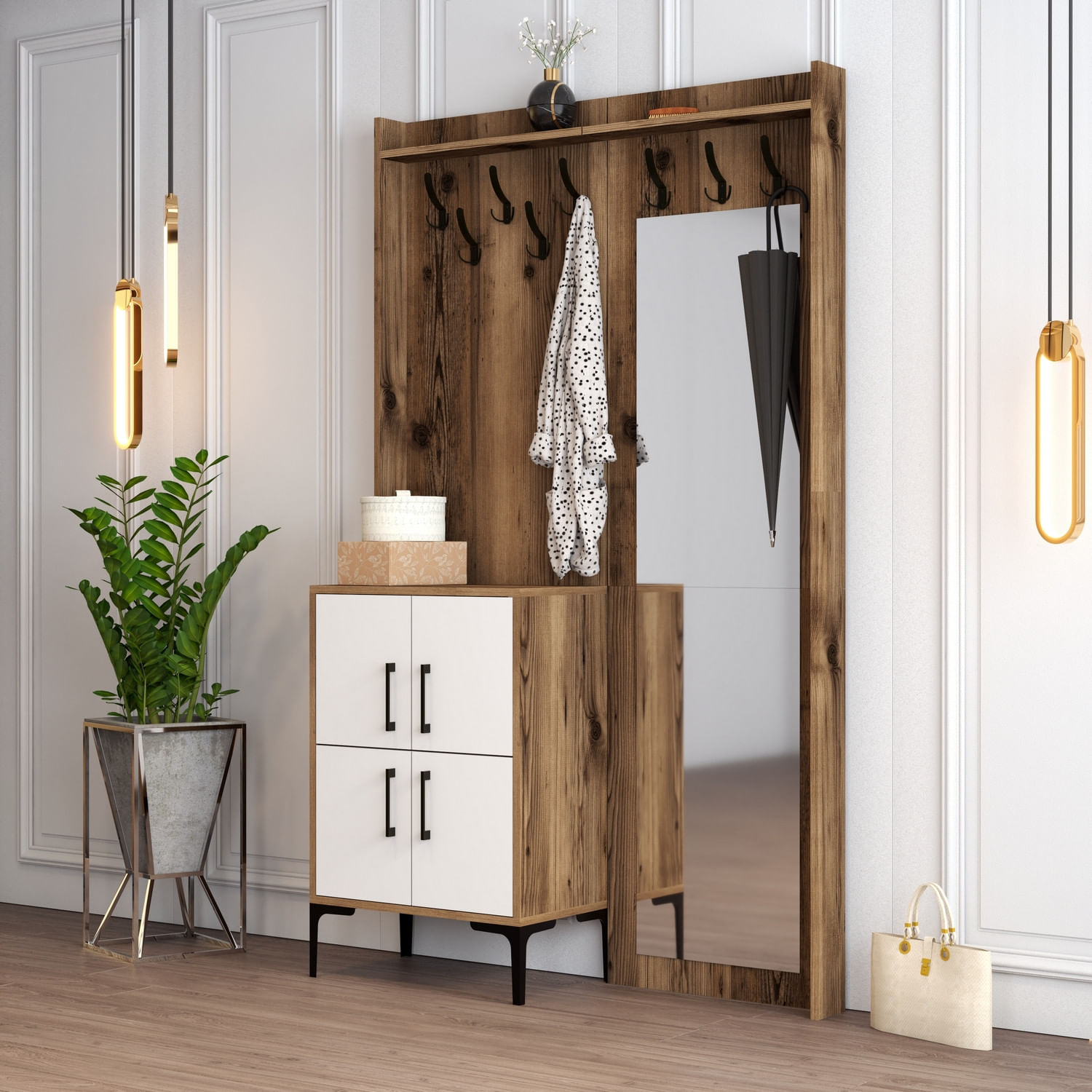 Cuier, Hanah Home, pal melaminat, nuc si alb, 120x35x200 cm, 845HCT4208 — imaginea 4