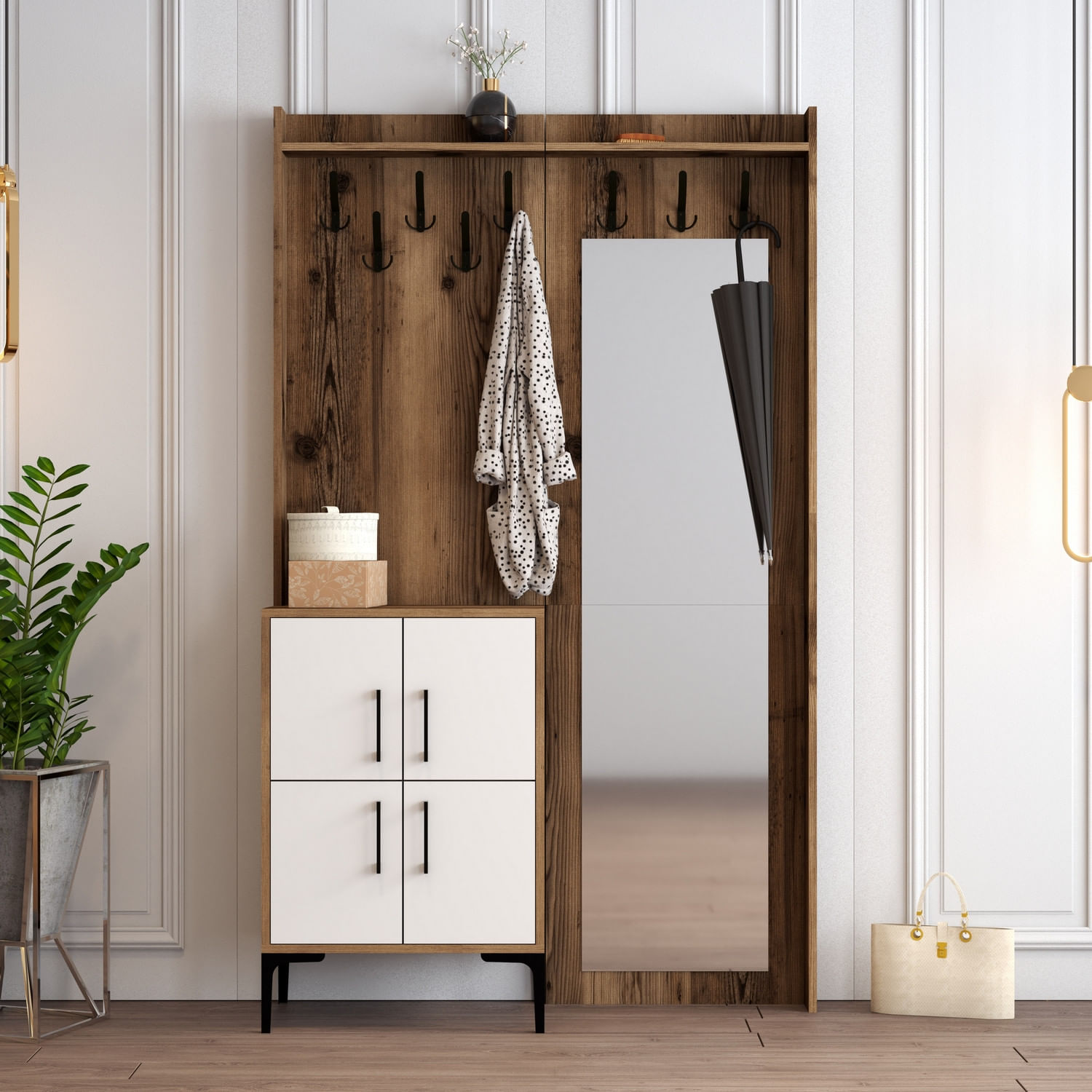 Cuier, Hanah Home, pal melaminat, nuc si alb, 120x35x200 cm, 845HCT4208 — imaginea 5