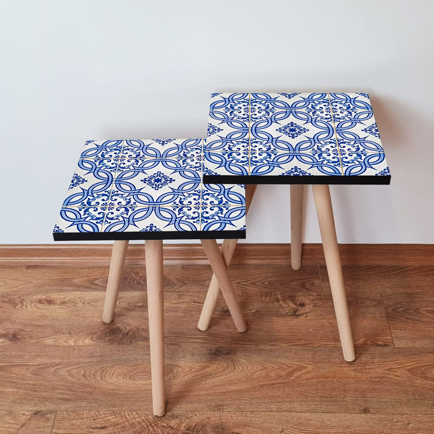 Set masute de cafea, Hanah Home, mdf, albastru marin si alb, 35x47x35 cm, 35x42x35 cm, 481LNA2647