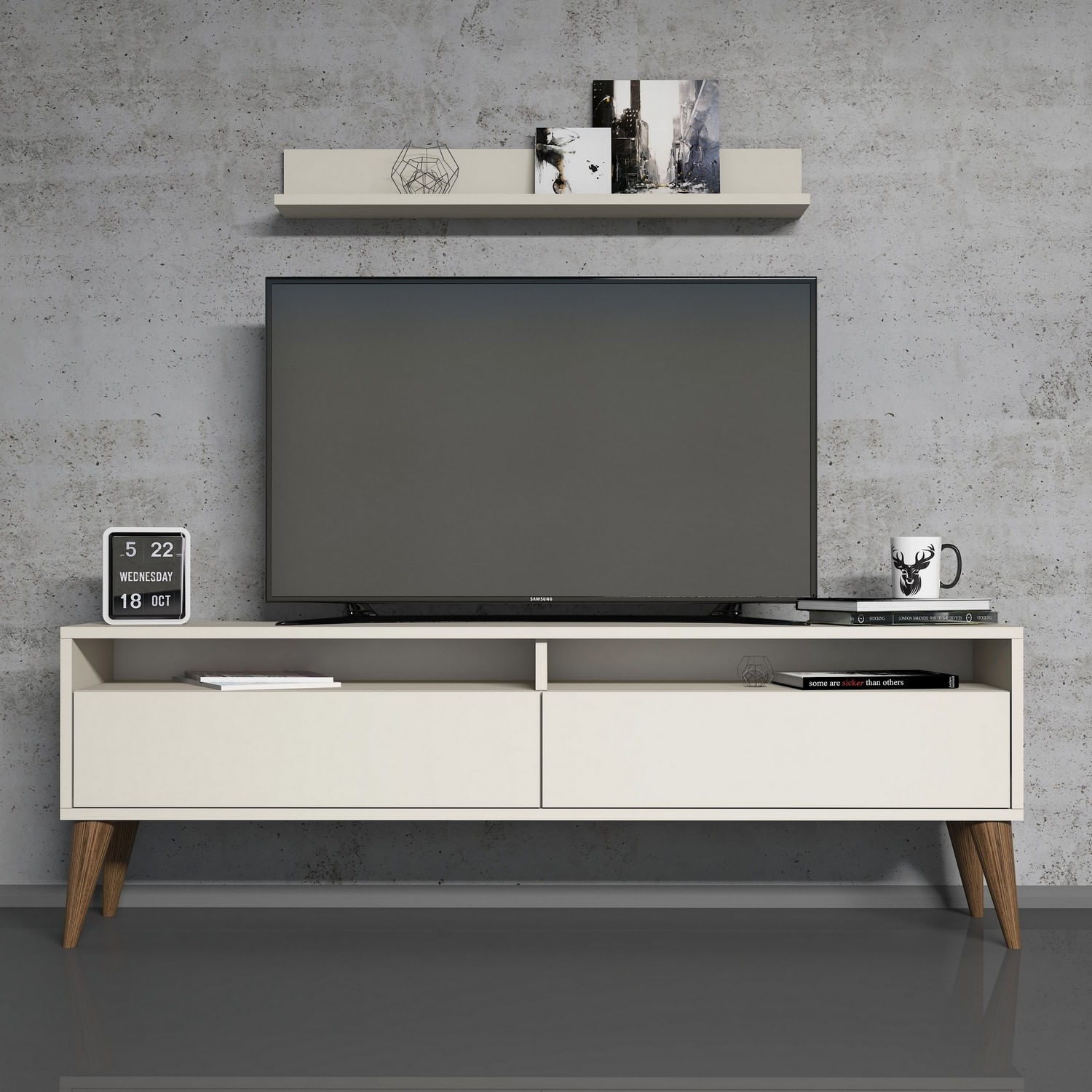 Comoda tv, Hanah Home, pal melaminat, crem, 150x50x30 cm, 845HCT3087 — imaginea 2
