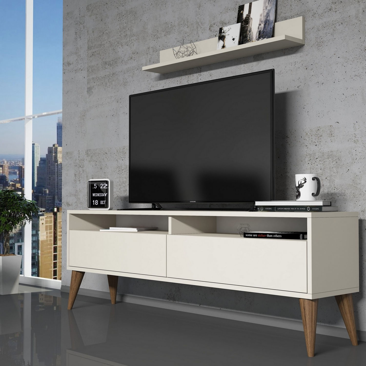 Comoda tv, Hanah Home, pal melaminat, crem, 150x50x30 cm, 845HCT3087 — imaginea 3