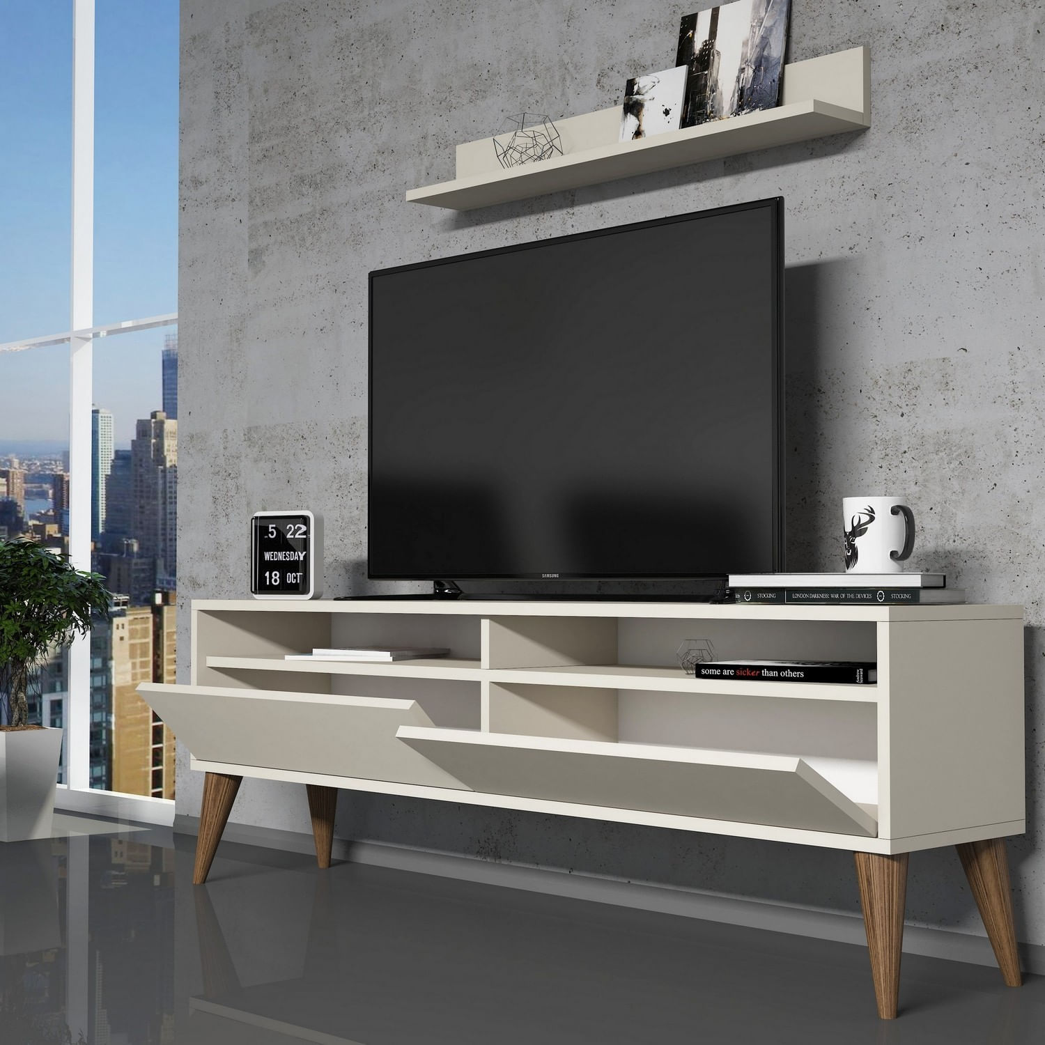 Comoda tv, Hanah Home, pal melaminat, crem, 150x50x30 cm, 845HCT3087 — imaginea 5