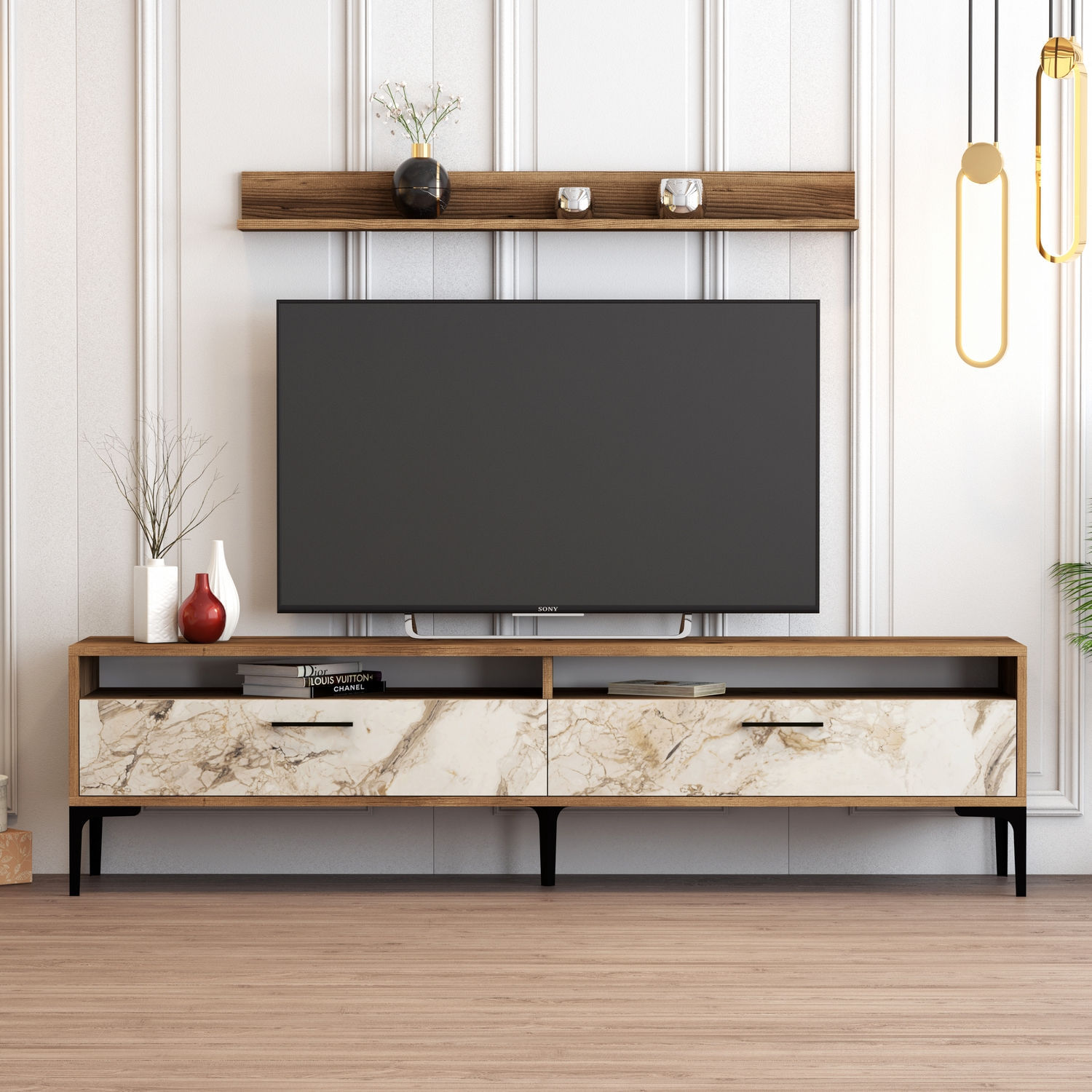Comoda tv, Hanah Home, pal melaminat, nuc si alb, 180x47x35 cm, 845HCT3097 — imaginea 3