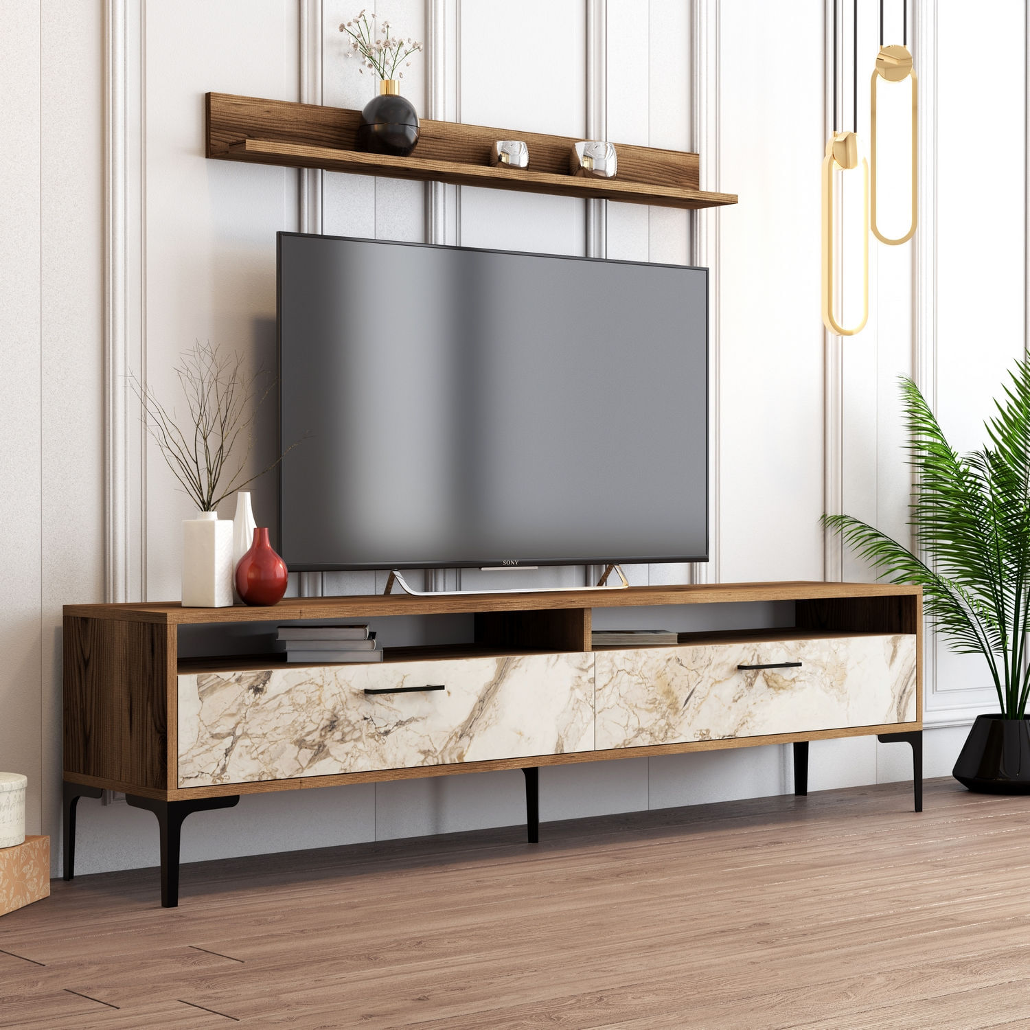 Comoda tv, Hanah Home, pal melaminat, nuc si alb, 180x47x35 cm, 845HCT3097 — imaginea 4