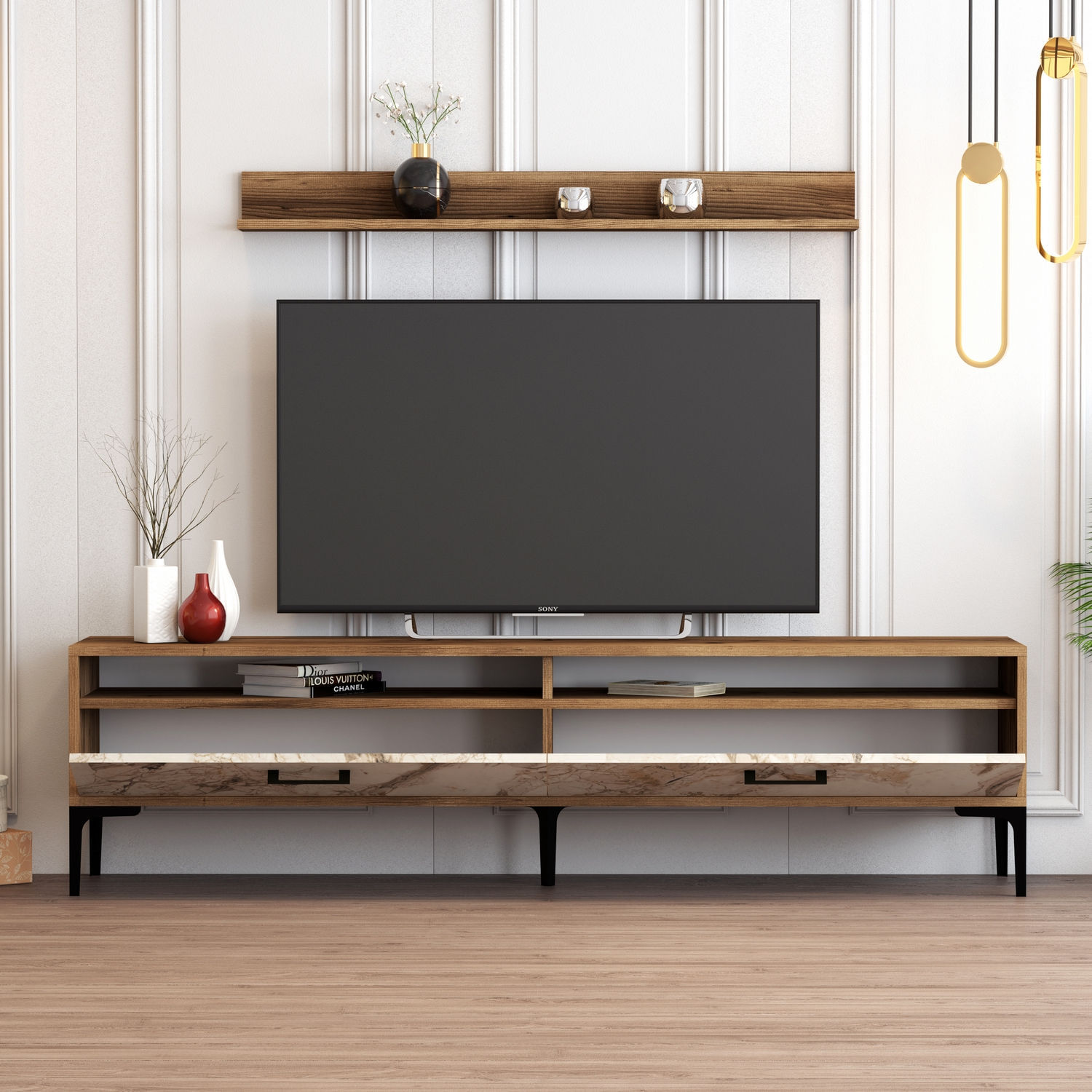 Comoda tv, Hanah Home, pal melaminat, nuc si alb, 180x47x35 cm, 845HCT3097 — imaginea 5