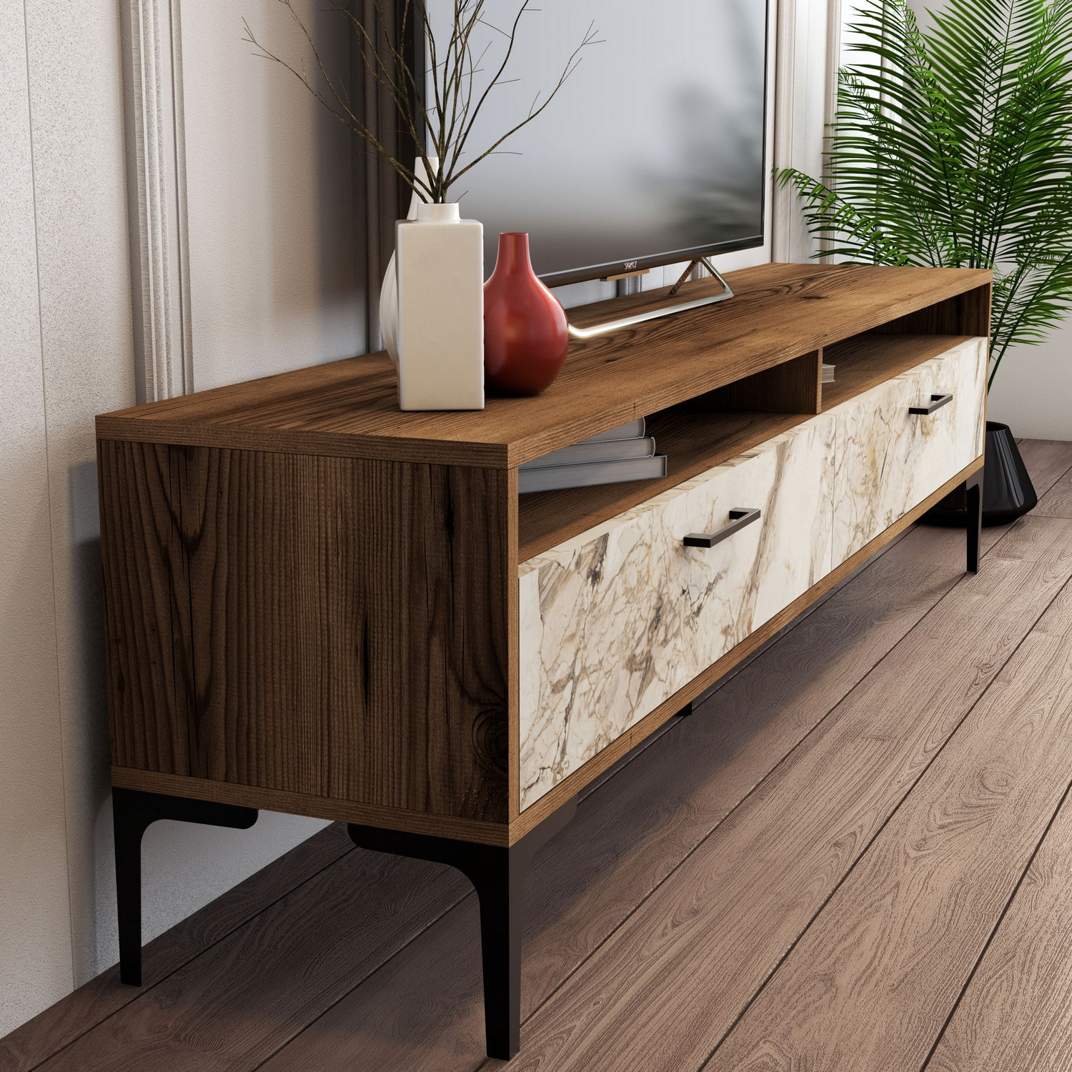 Comoda tv, Hanah Home, pal melaminat, nuc si alb, 180x47x35 cm, 845HCT3097 — imaginea 6