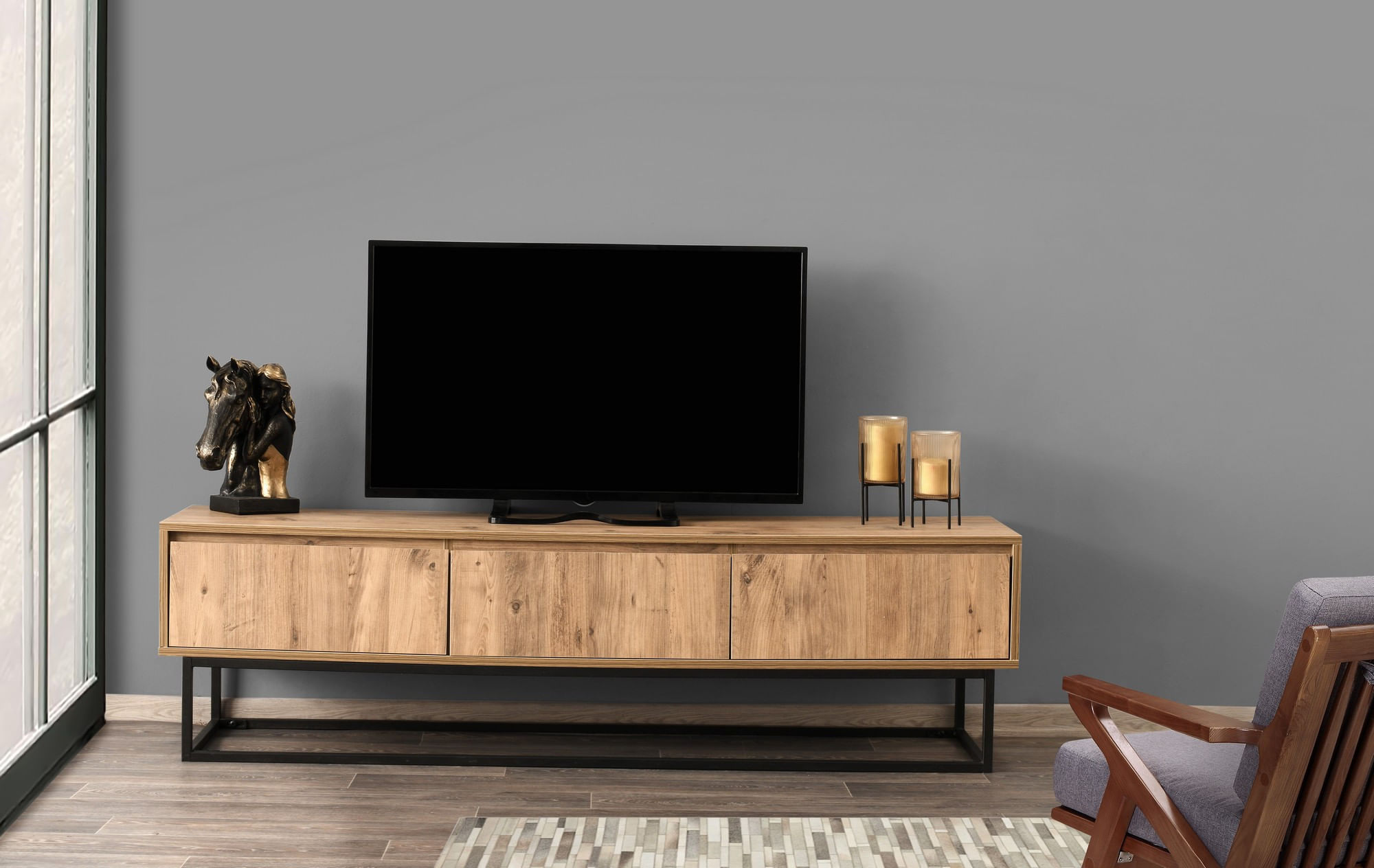 Comoda tv, Hanah Home, pal melaminat, negru si pin, 180x50x40 cm, 854KLN3007 — imaginea 4