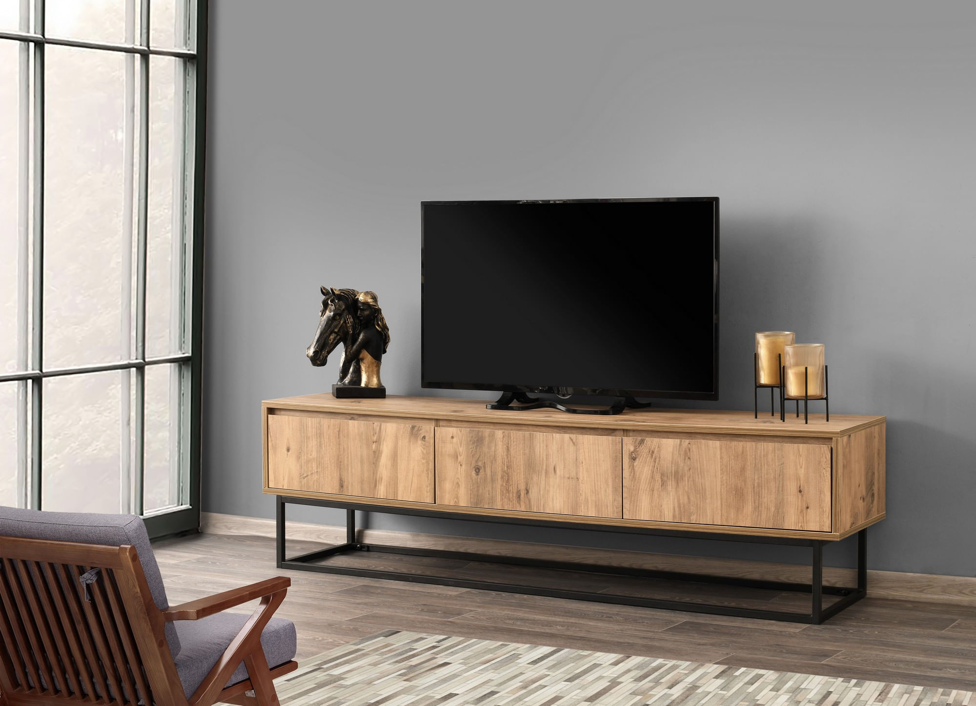 Comoda tv, Hanah Home, pal melaminat, negru si pin, 180x50x40 cm, 854KLN3007 — imaginea 6