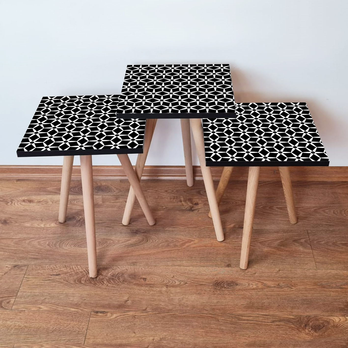 Set masute de cafea, Hanah Home, mdf, alb negru, picioare lemn fag, 3 piese, 481LNA3107