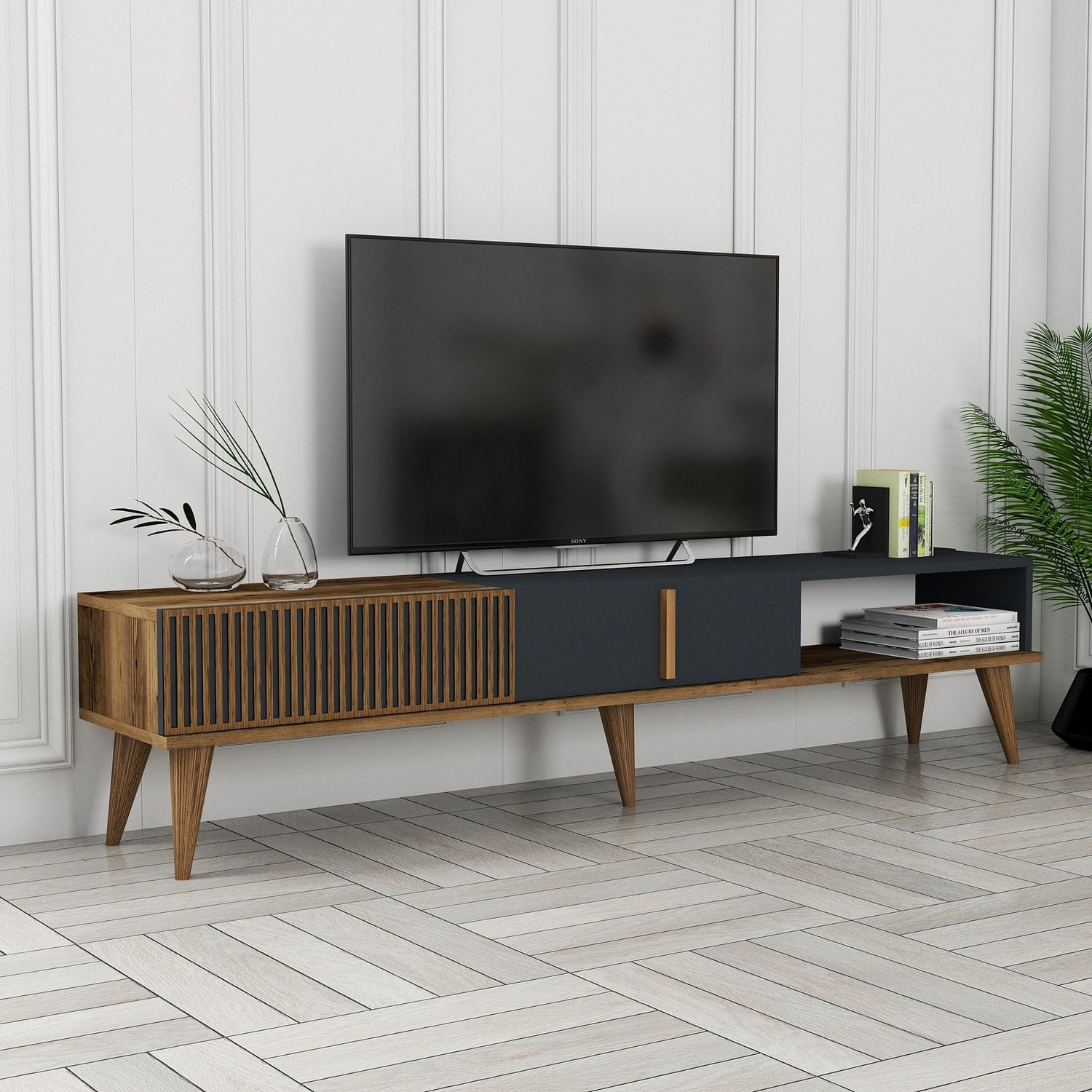 Comoda tv, Hanah Home, pal melaminat, nuc si antracit, 180x40x35 cm, 845HCT3108 — imaginea 8