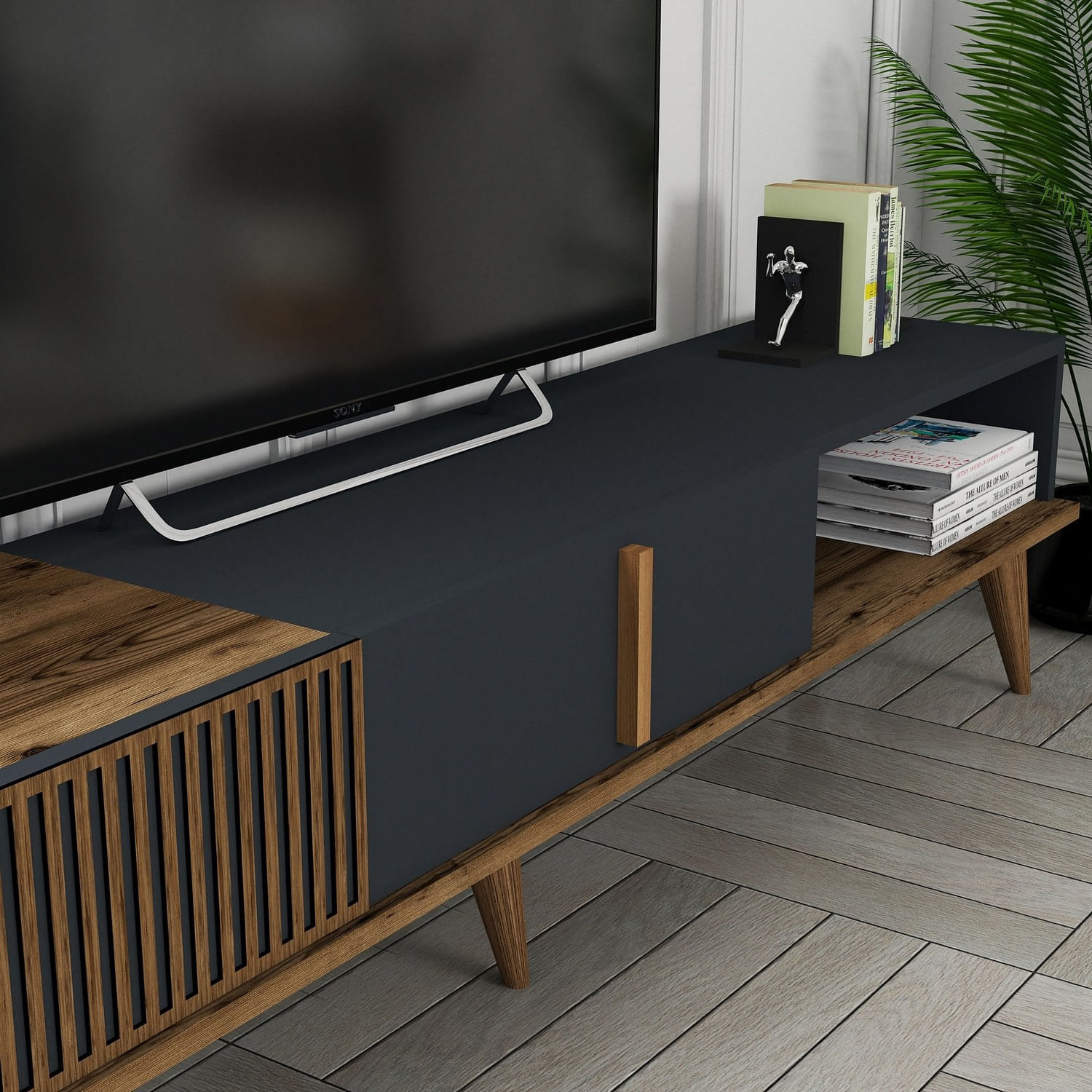 Comoda tv, Hanah Home, pal melaminat, nuc si antracit, 180x40x35 cm, 845HCT3108 — imaginea 9