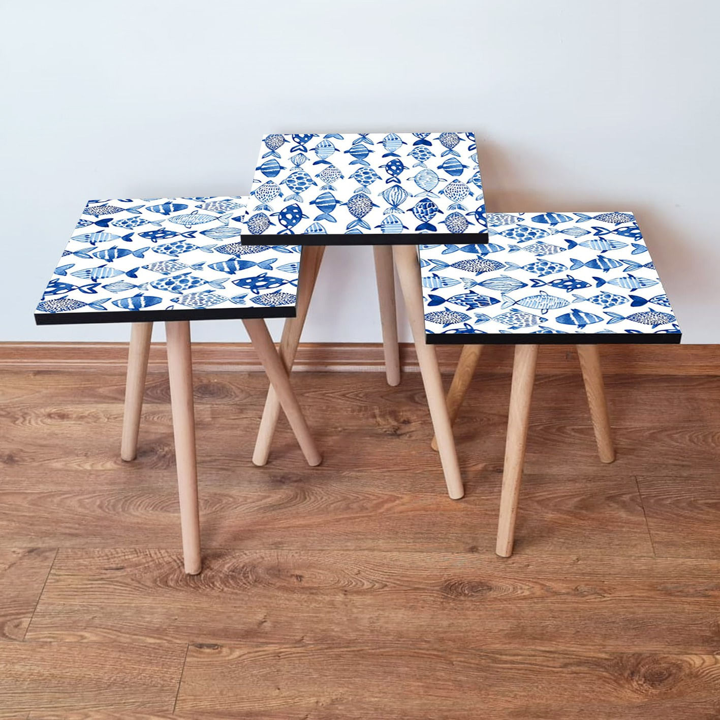 Set masute de cafea, Hanah Home, mdf, albastru marin si alb, 3 piese, 481LNA2898