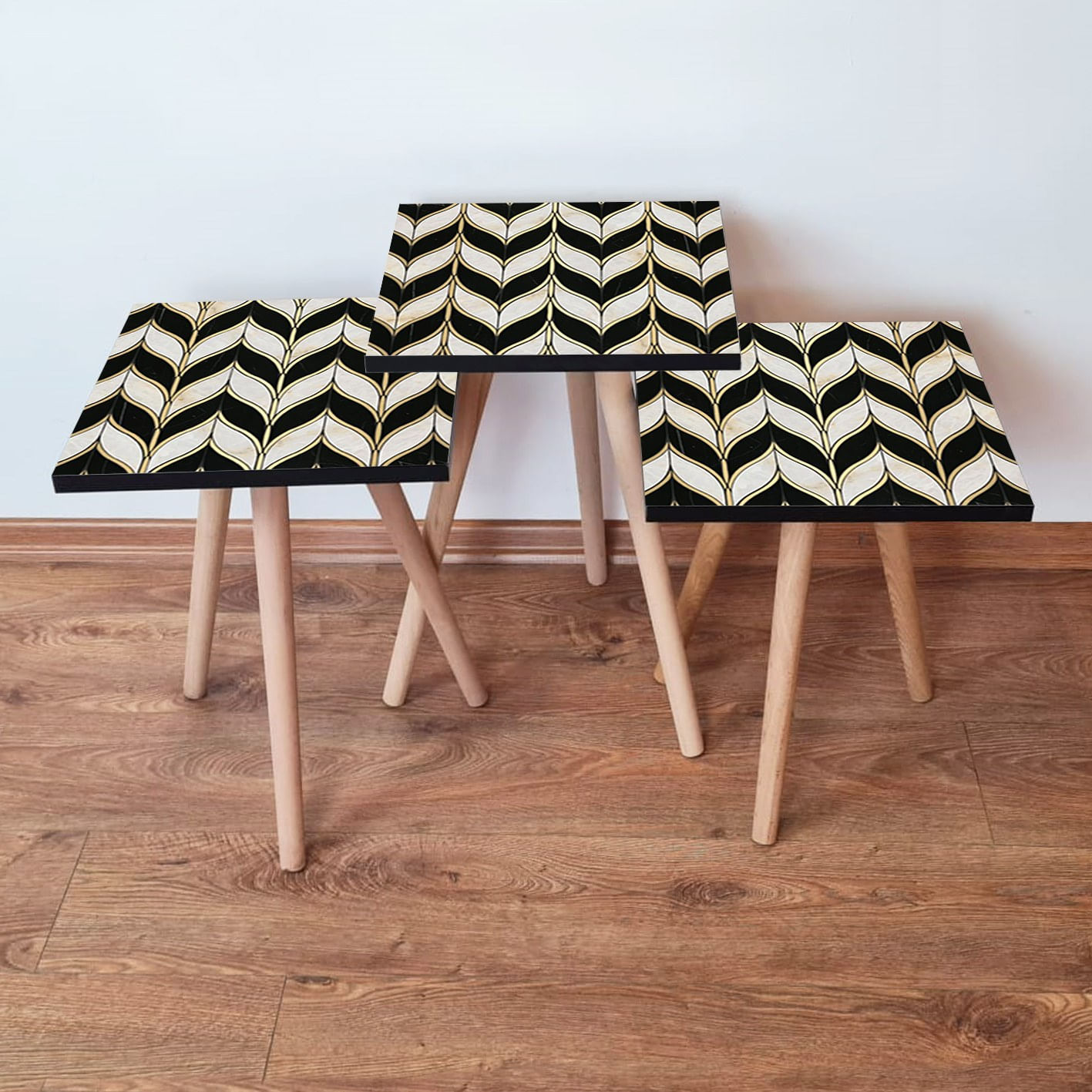 Set masute de cafea, Hanah Home, mdf, alb negru auriu, 35x35x52 cm, 481LNA2747