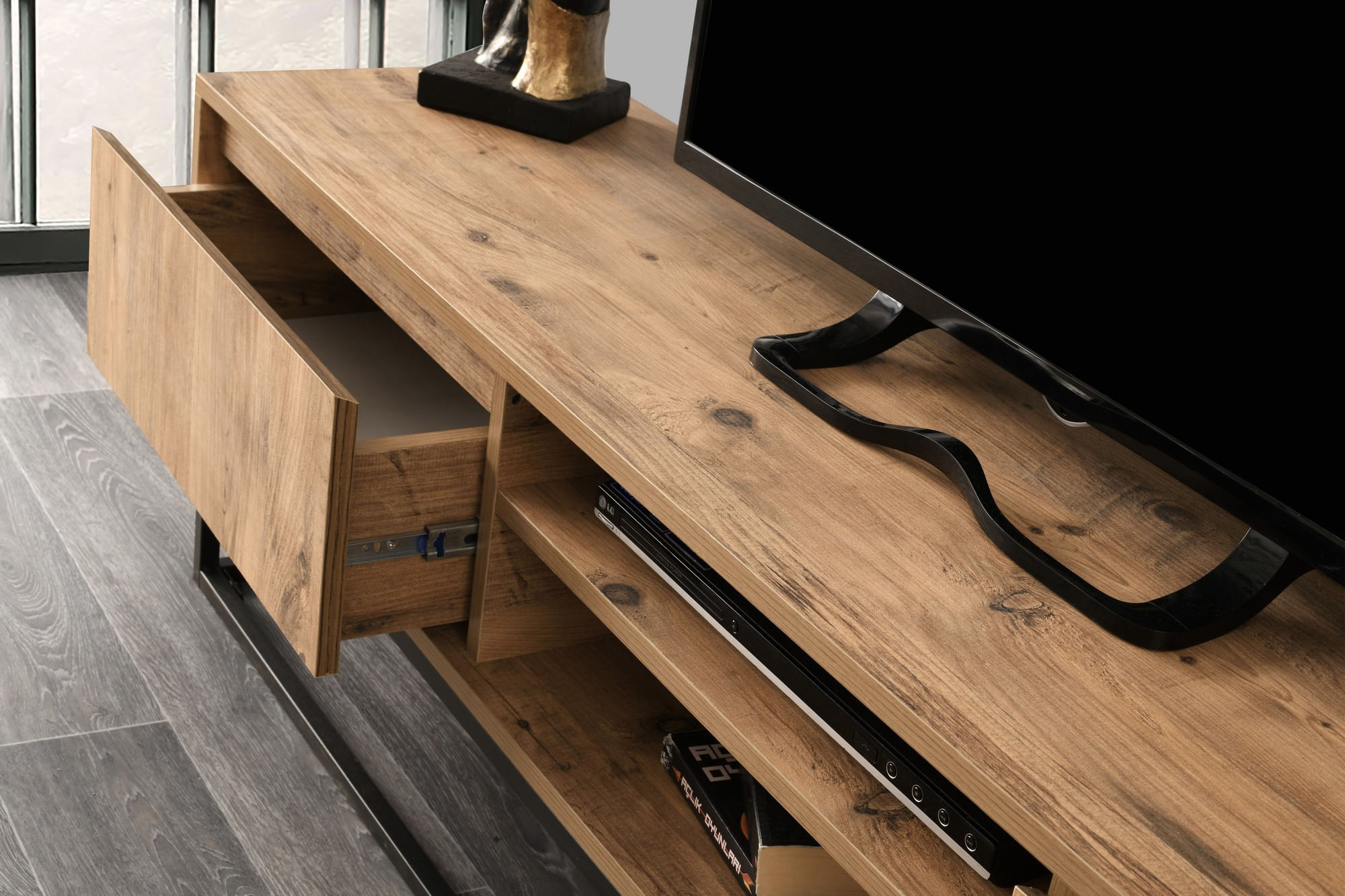 Comoda tv, Hanah Home, pal melaminat, negru si pin, 180x50x40 cm, 854KLN3004 — imaginea 3
