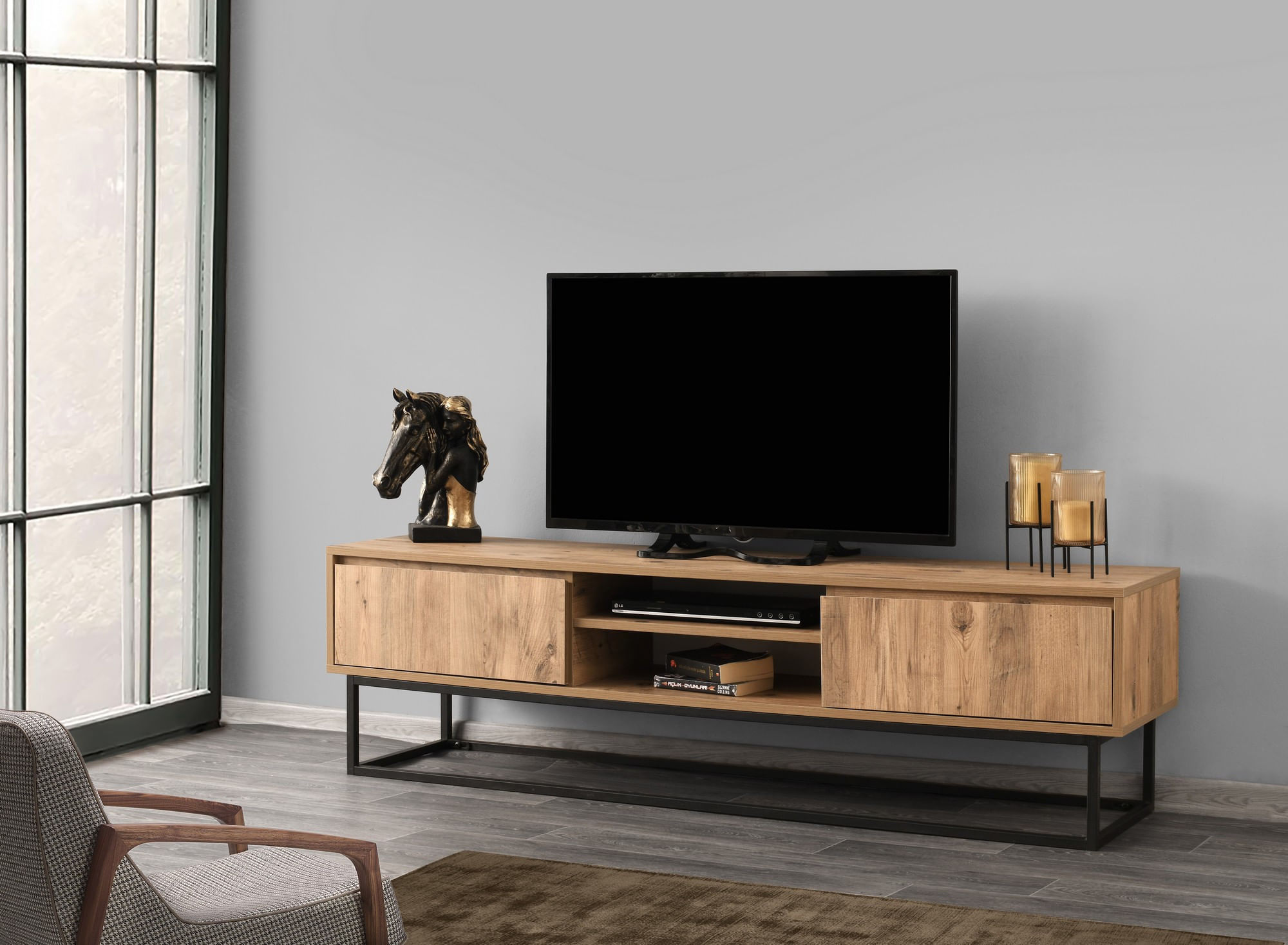 Comoda tv, Hanah Home, pal melaminat, negru si pin, 180x50x40 cm, 854KLN3004 — imaginea 4