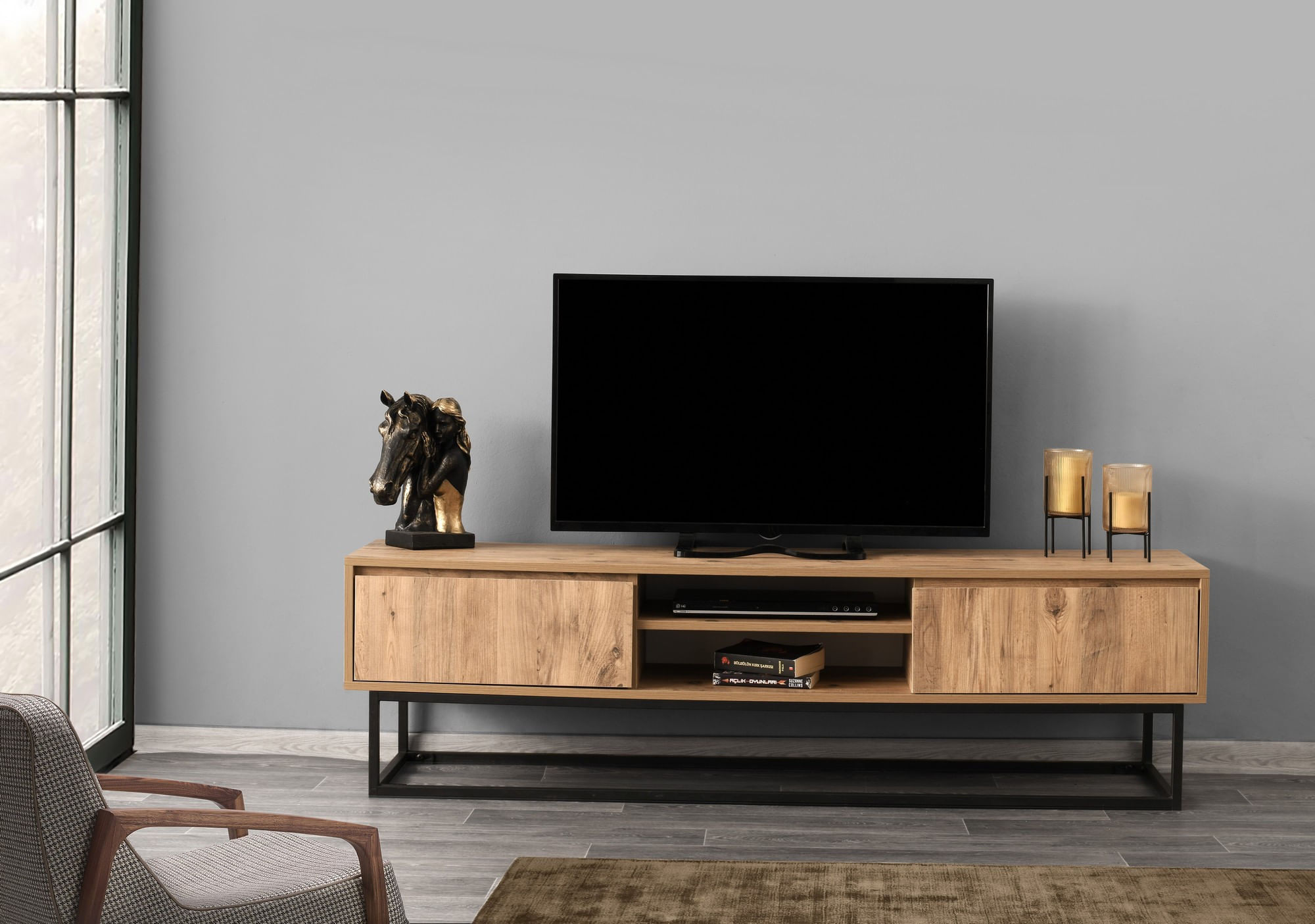 Comoda tv, Hanah Home, pal melaminat, negru si pin, 180x50x40 cm, 854KLN3004 — imaginea 6