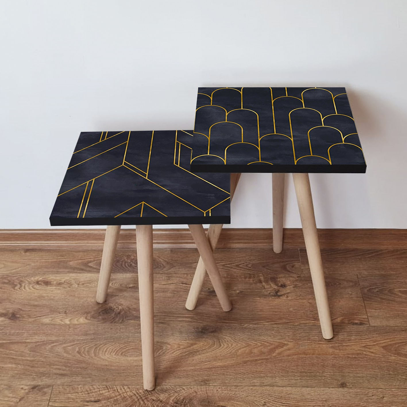Set masute de cafea, Hanah Home, mdf, negru auriu, 35x35x47 cm, picioare lemn fag, 481LNA2222