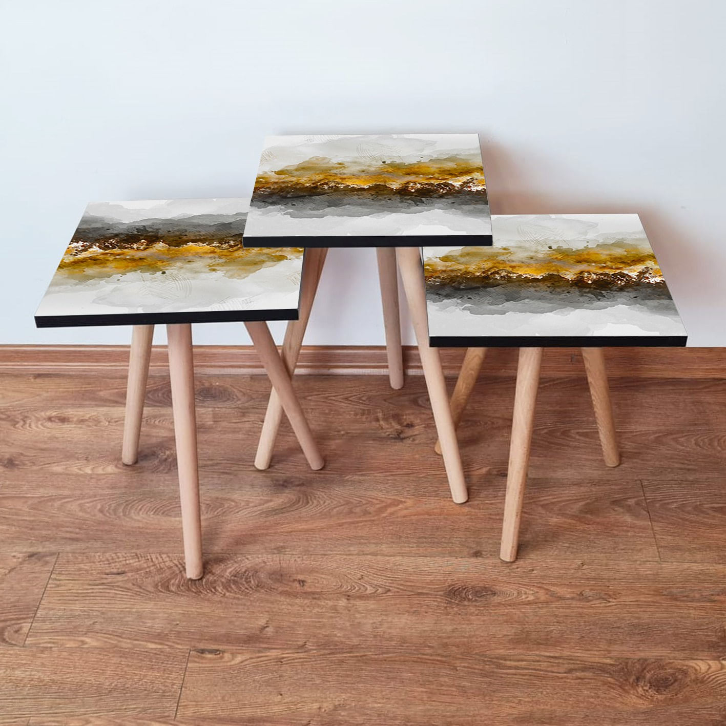 Set masute de cafea, Hanah Home, mdf, alb negru auriu, 35x35x52 cm, 481LNA3154