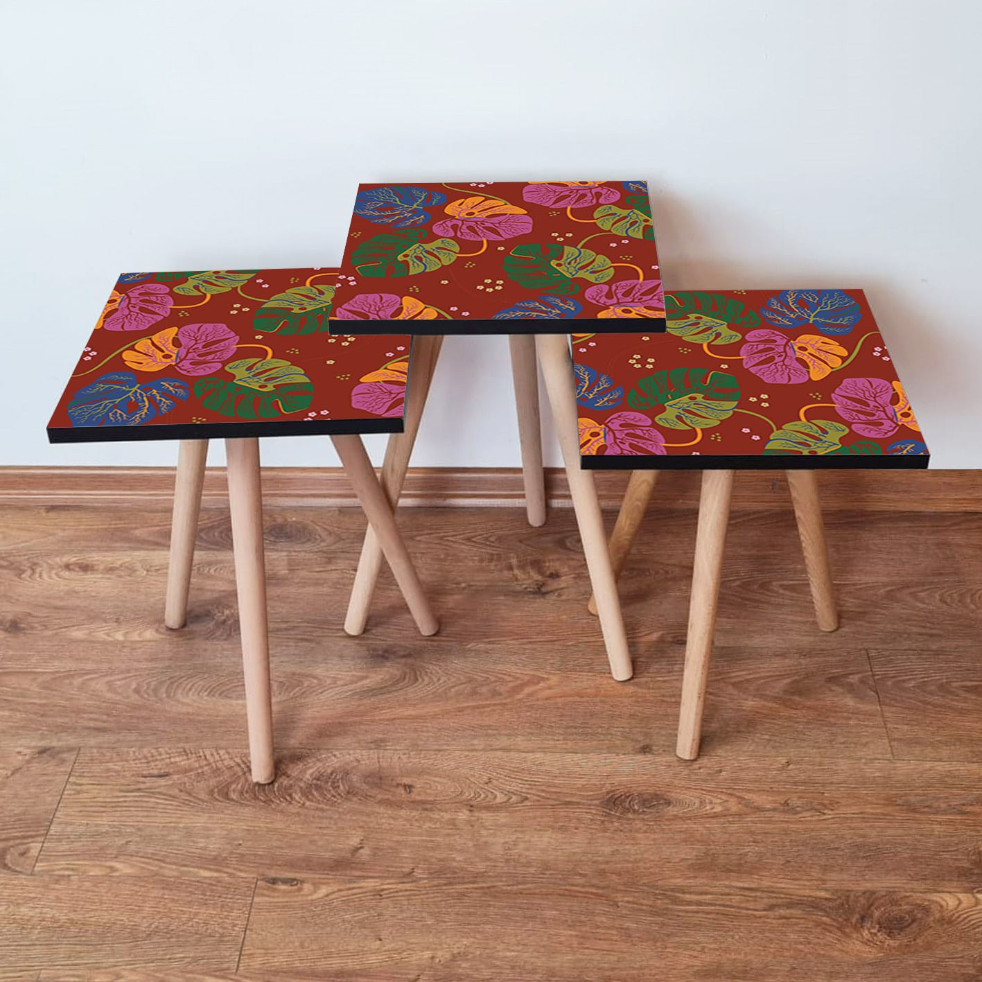 Set masute de cafea, Hanah Home, mdf, multicolor, picioare lemn fag, 35x35x52 cm, 481LNA2758