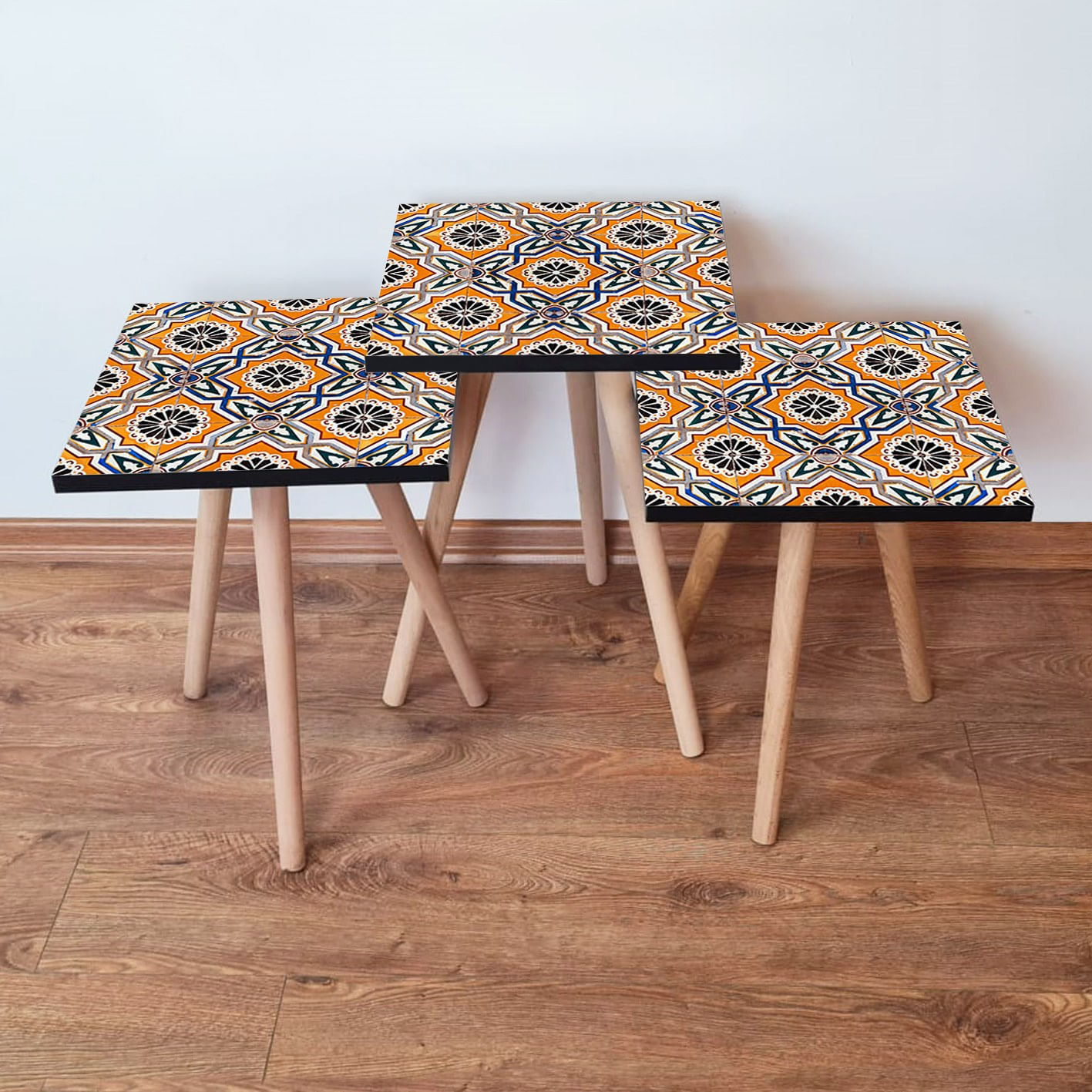Set masute de cafea, Hanah Home, mdf, multicolor, picioare lemn fag, 35x35x52 cm, 481LNA2911