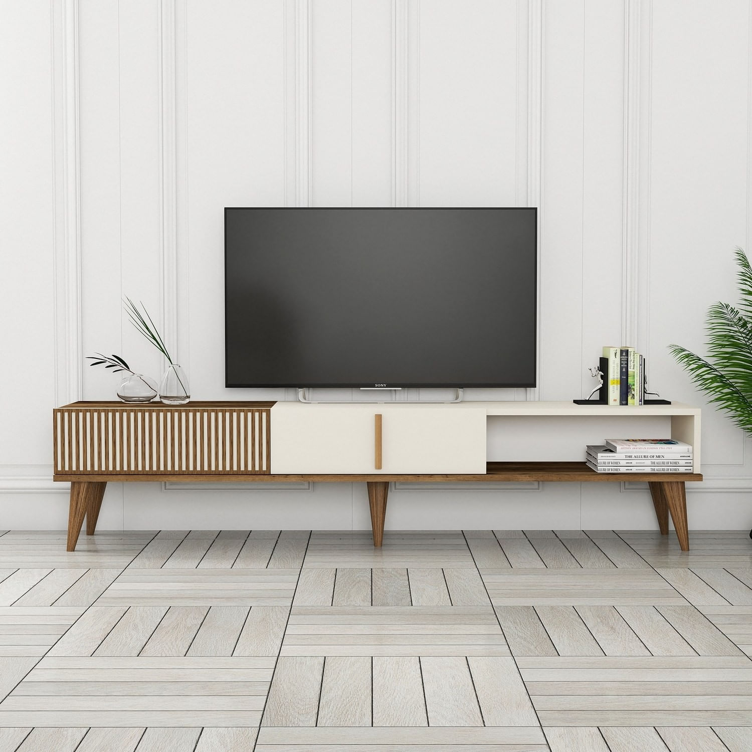 Comoda tv, Hanah Home, pal melaminat, nuc si crem, 180x35x40 cm — imaginea 3