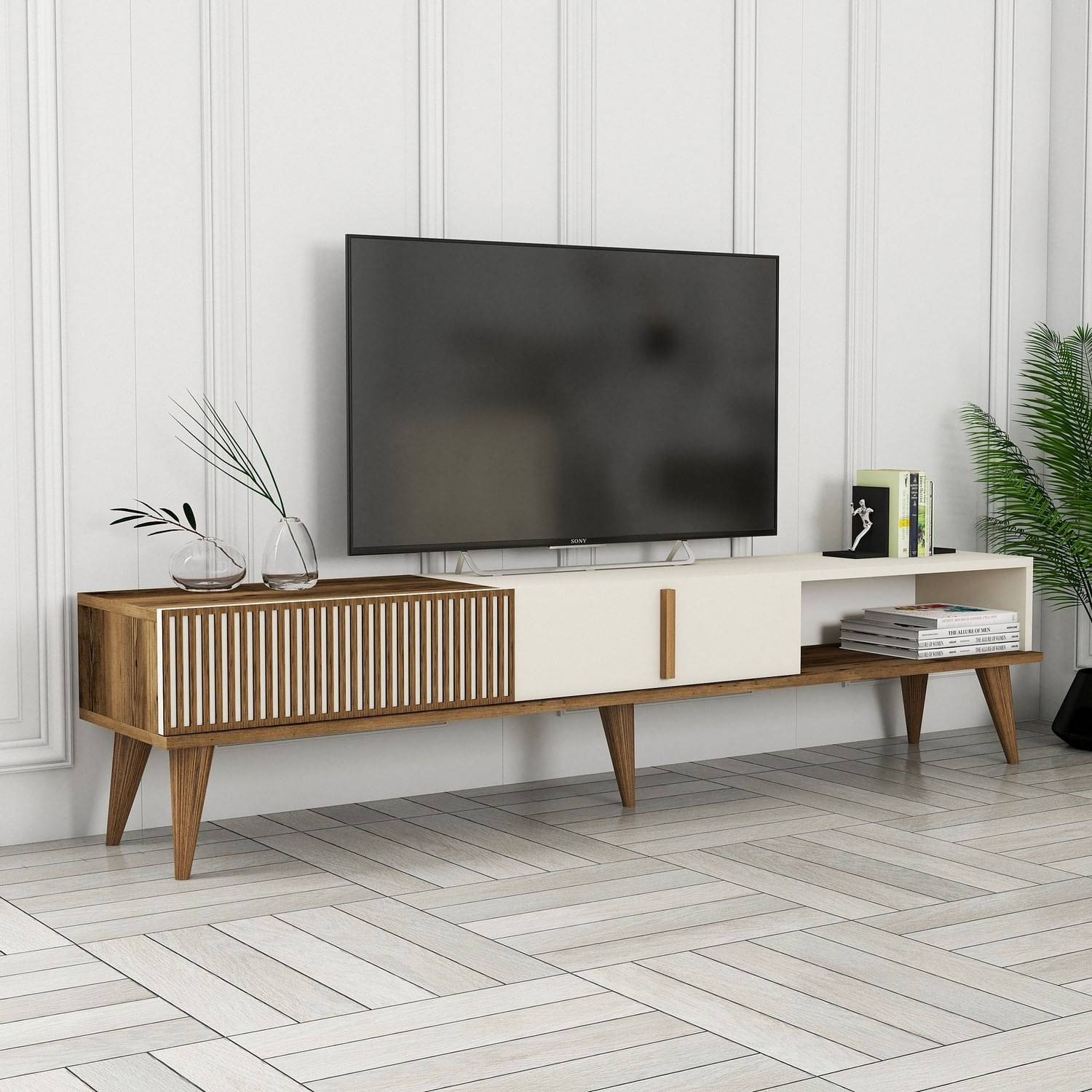Comoda tv, Hanah Home, pal melaminat, nuc si crem, 180x35x40 cm — imaginea 5