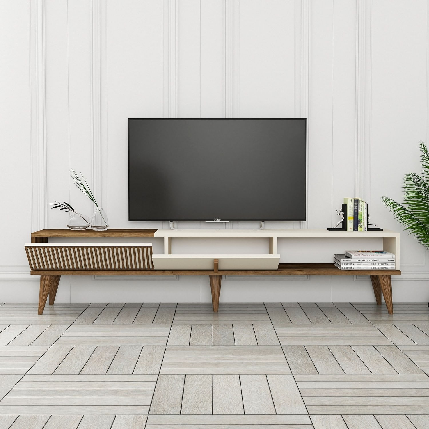 Comoda tv, Hanah Home, pal melaminat, nuc si crem, 180x35x40 cm — imaginea 6