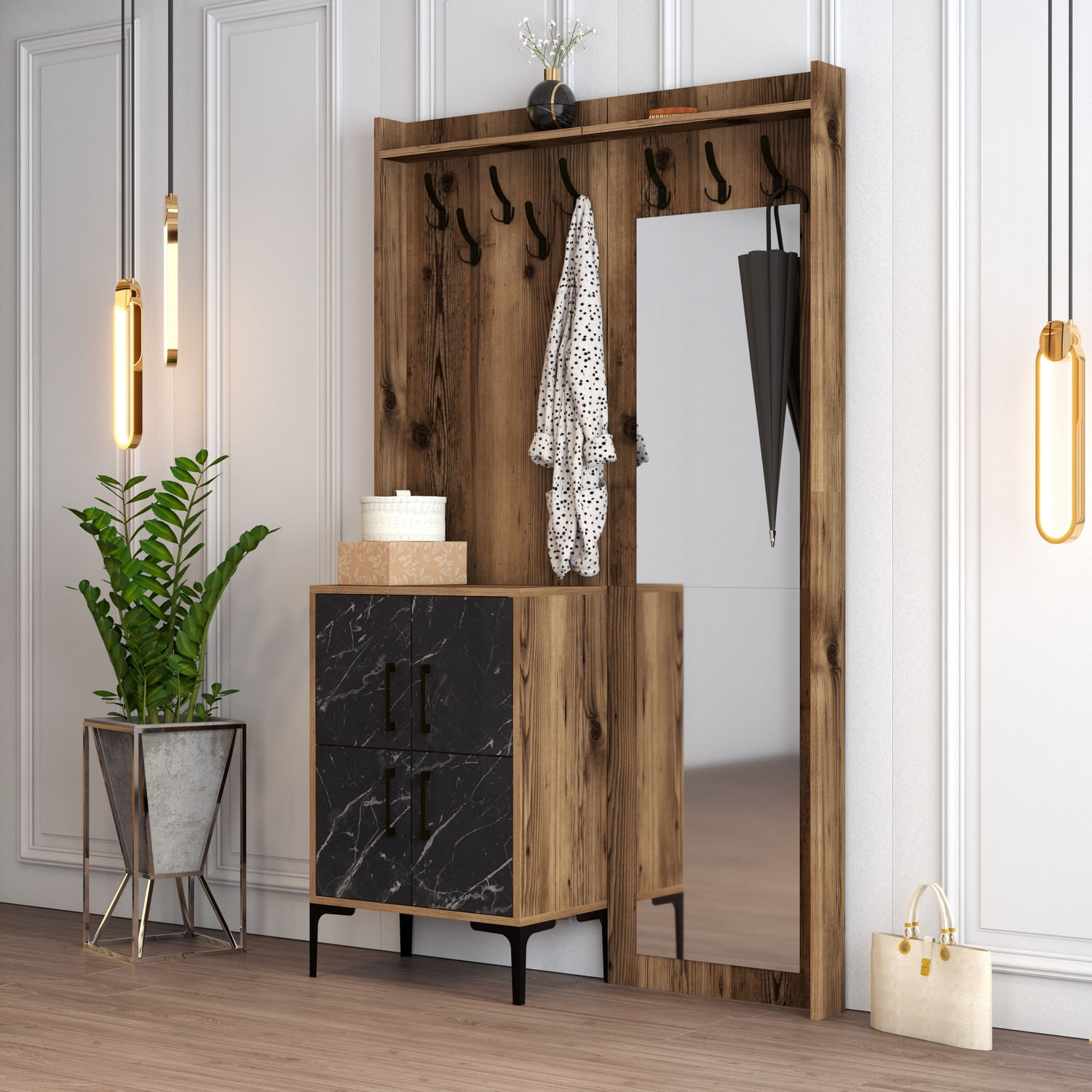Cuier, Hanah Home, panou aglomerat melaminat, nuc si negru, 120x35x200 cm