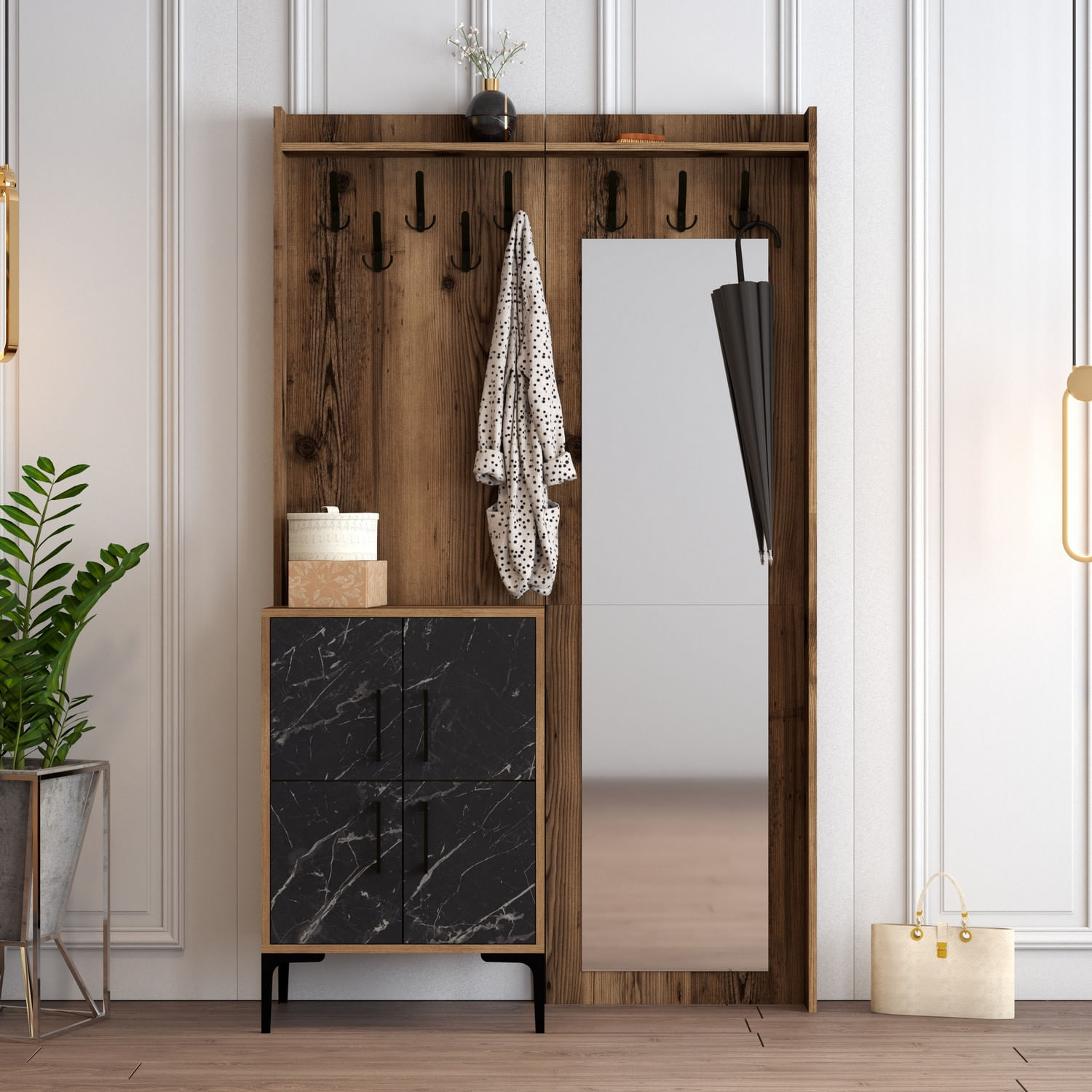 Cuier, Hanah Home, panou aglomerat melaminat, nuc si negru, 120x35x200 cm — imaginea 2